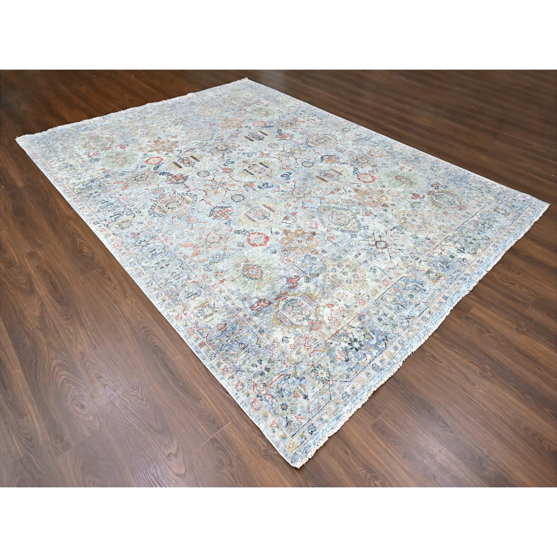 8'10"x11'9" Medium Gray, Antiqued Persian Ziegler Mahal Design, Distressed, Zero Pile, Shaved Low, 100% Wool, Hand Knotted, Oriental Rug Sh10165