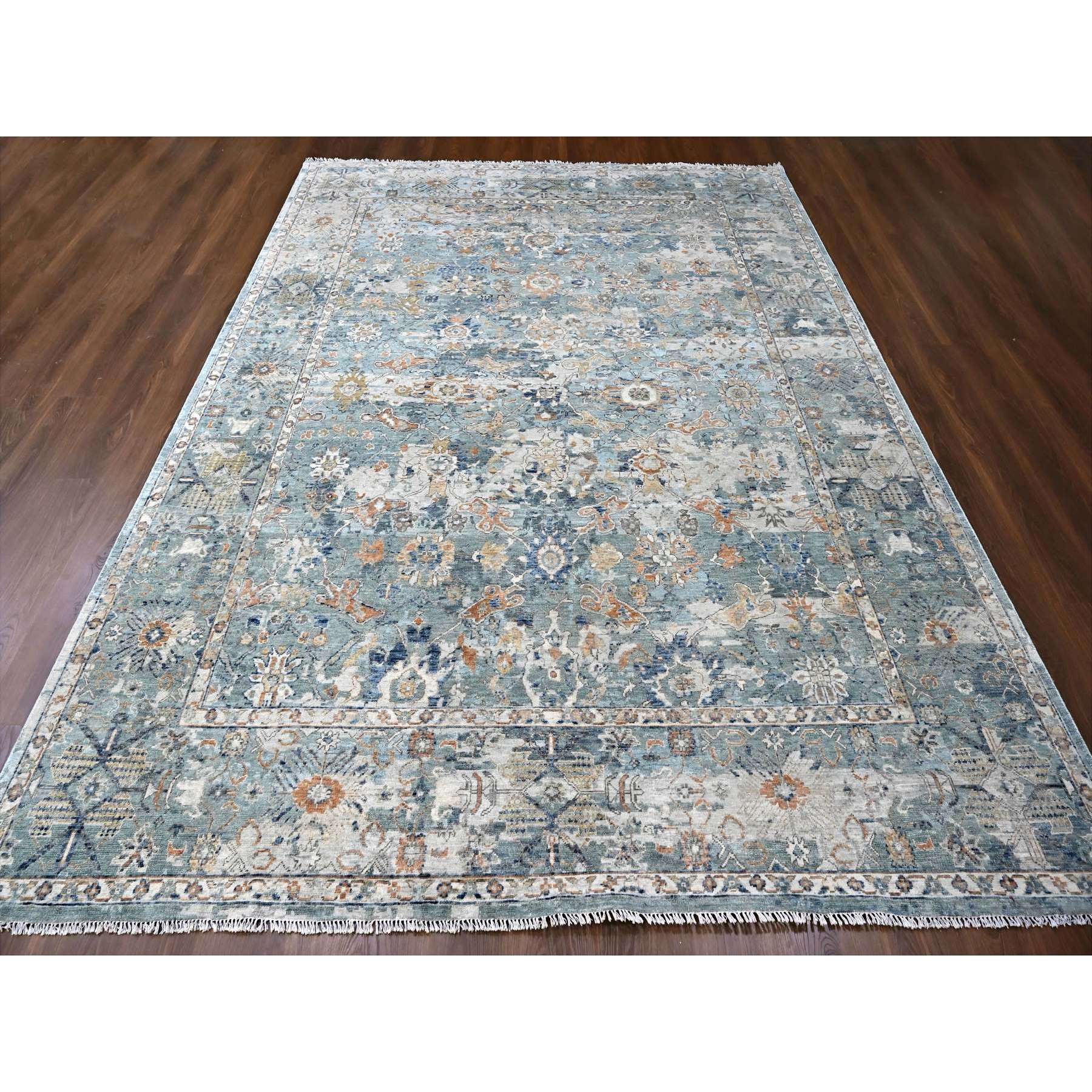 8'10"x11'10" Silver Blue, Abrash Persian with All Over Leaf Design, 100% Pure Wool, Zero Pile, Shaved Low, Hand Knotted, Oriental Rug Sh10166