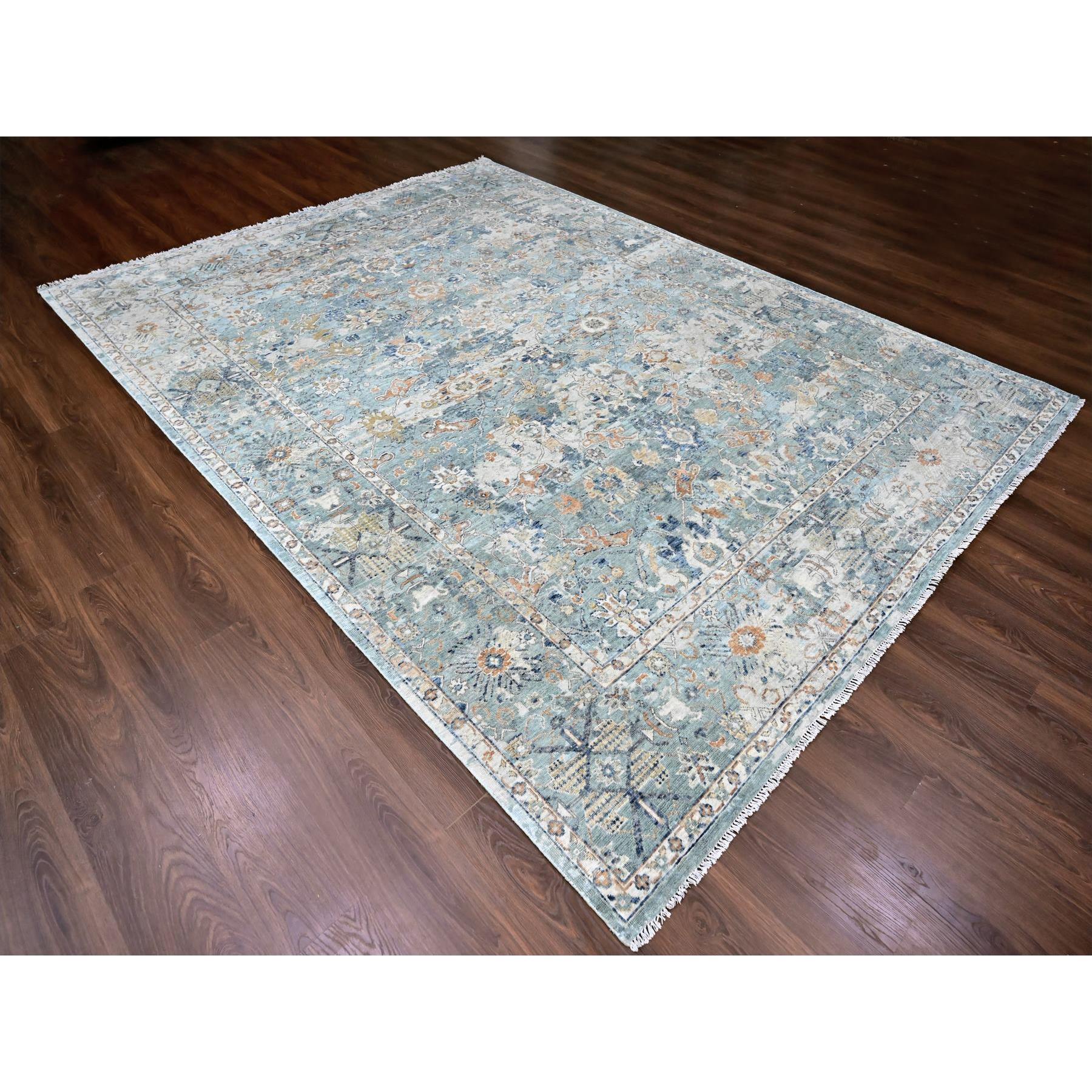 8'10"x11'10" Silver Blue, Abrash Persian with All Over Leaf Design, 100% Pure Wool, Zero Pile, Shaved Low, Hand Knotted, Oriental Rug Sh10166