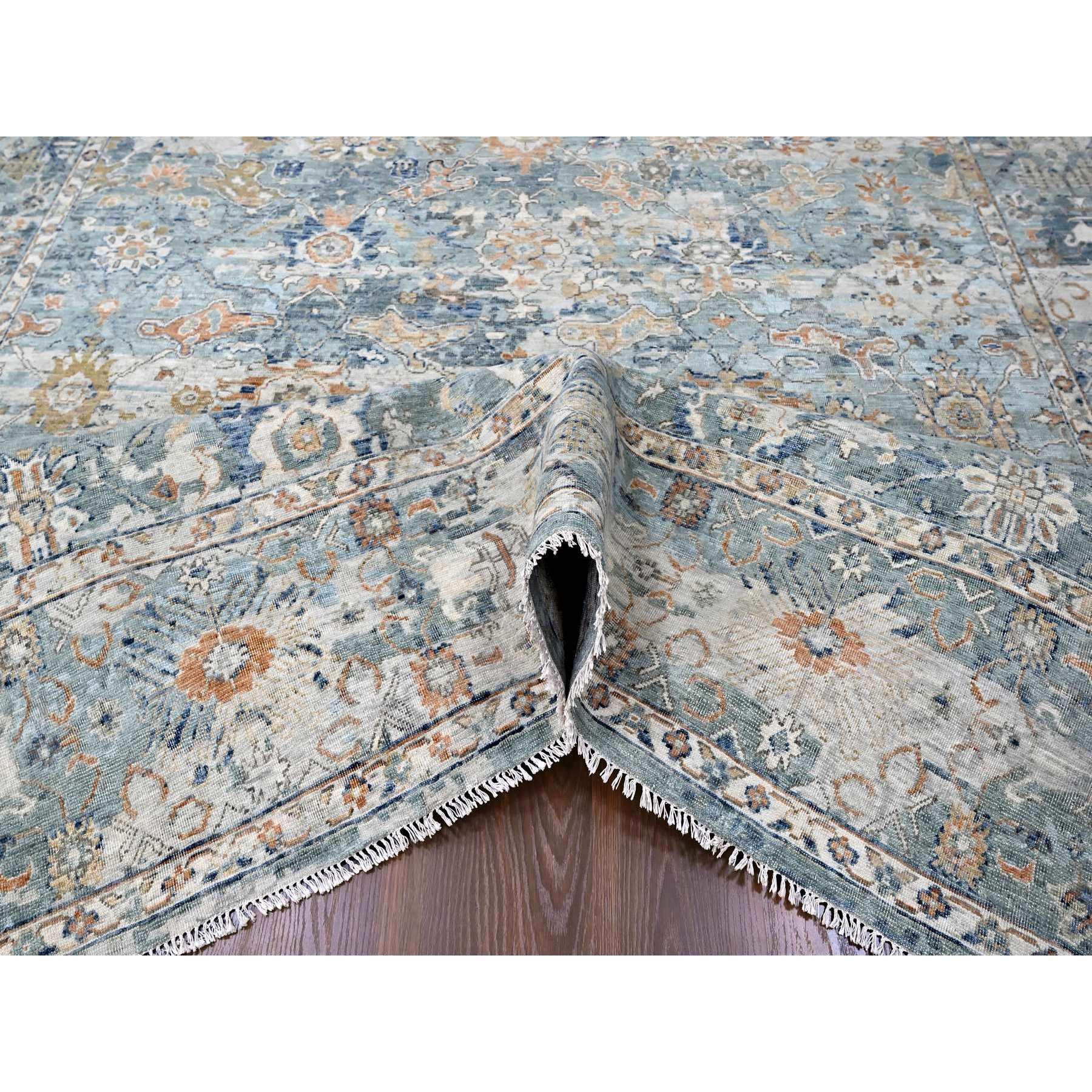 8'10"x11'10" Silver Blue, Abrash Persian with All Over Leaf Design, 100% Pure Wool, Zero Pile, Shaved Low, Hand Knotted, Oriental Rug Sh10166