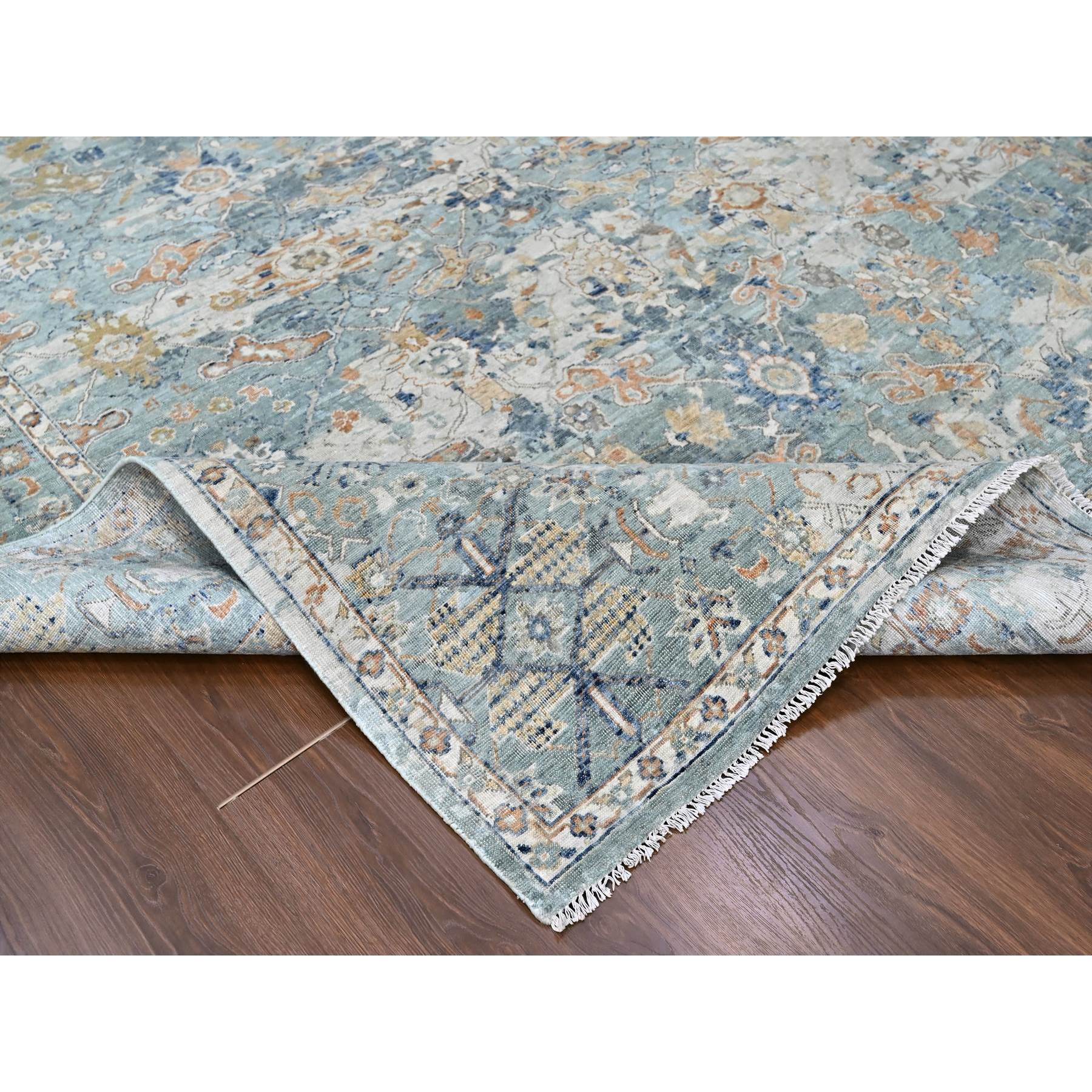 8'10"x11'10" Silver Blue, Abrash Persian with All Over Leaf Design, 100% Pure Wool, Zero Pile, Shaved Low, Hand Knotted, Oriental Rug Sh10166
