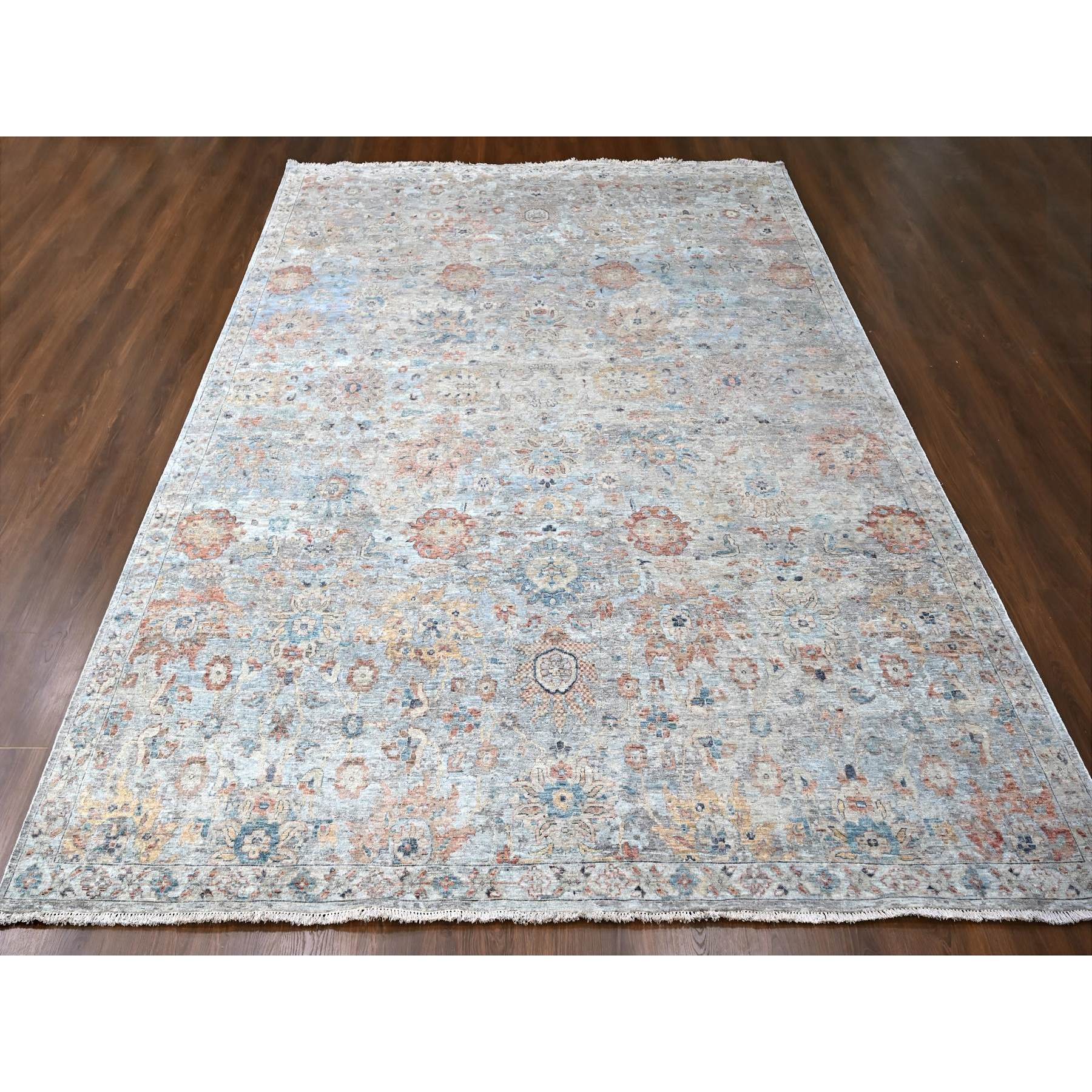9'10"x13'10" Misty Gray, Hand Knotted, Caucasian Gul Motifs, Zero Pile with Distinct Abrash, Distressed and Sheared Down, Pure Wool, Oriental Rug Sh10167