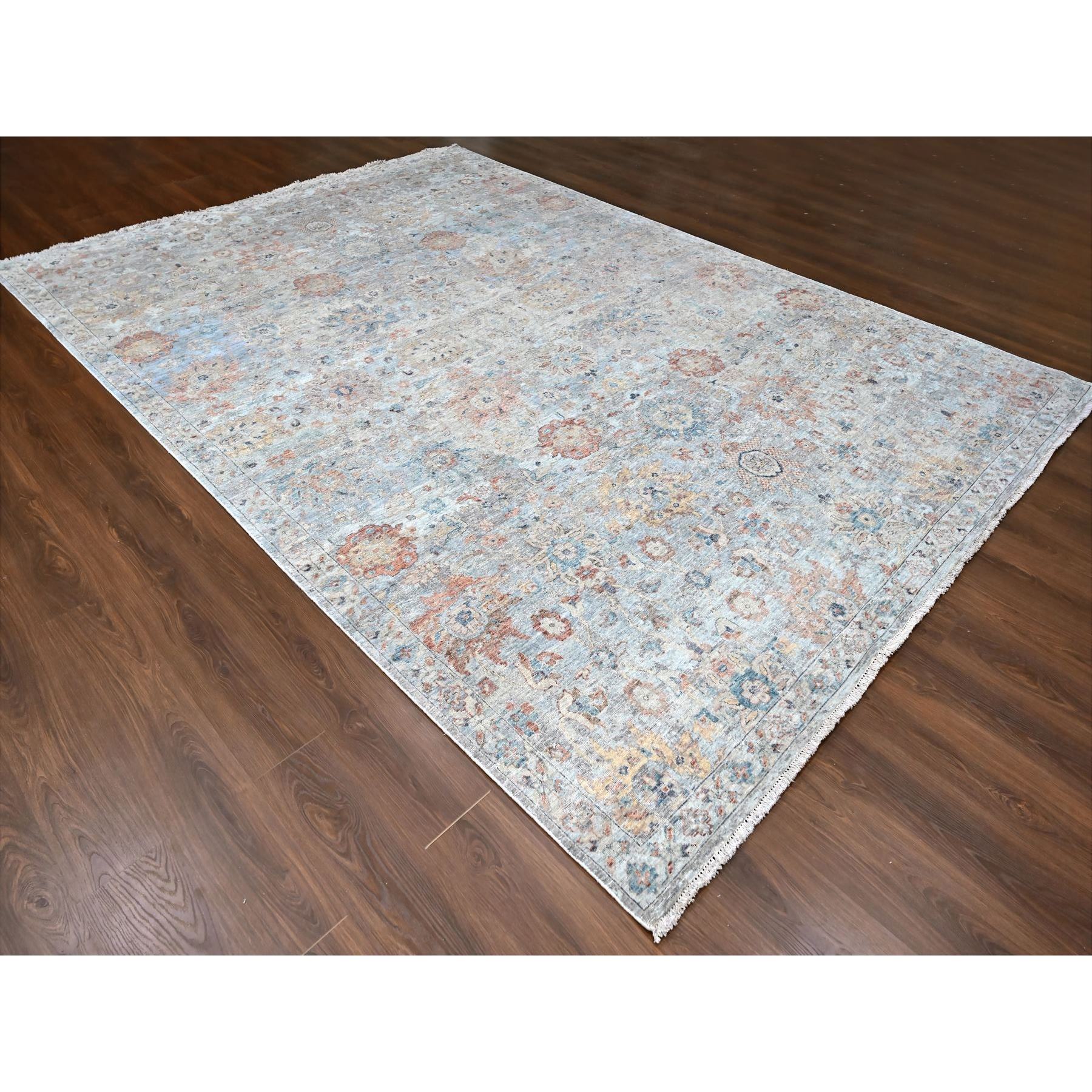 9'10"x13'10" Misty Gray, Hand Knotted, Caucasian Gul Motifs, Zero Pile with Distinct Abrash, Distressed and Sheared Down, Pure Wool, Oriental Rug Sh10167