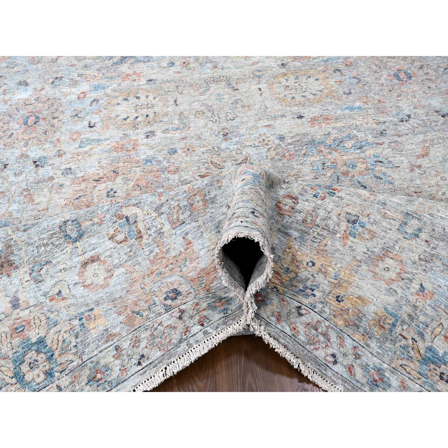 9'10"x13'10" Misty Gray, Hand Knotted, Caucasian Gul Motifs, Zero Pile with Distinct Abrash, Distressed and Sheared Down, Pure Wool, Oriental Rug Sh10167