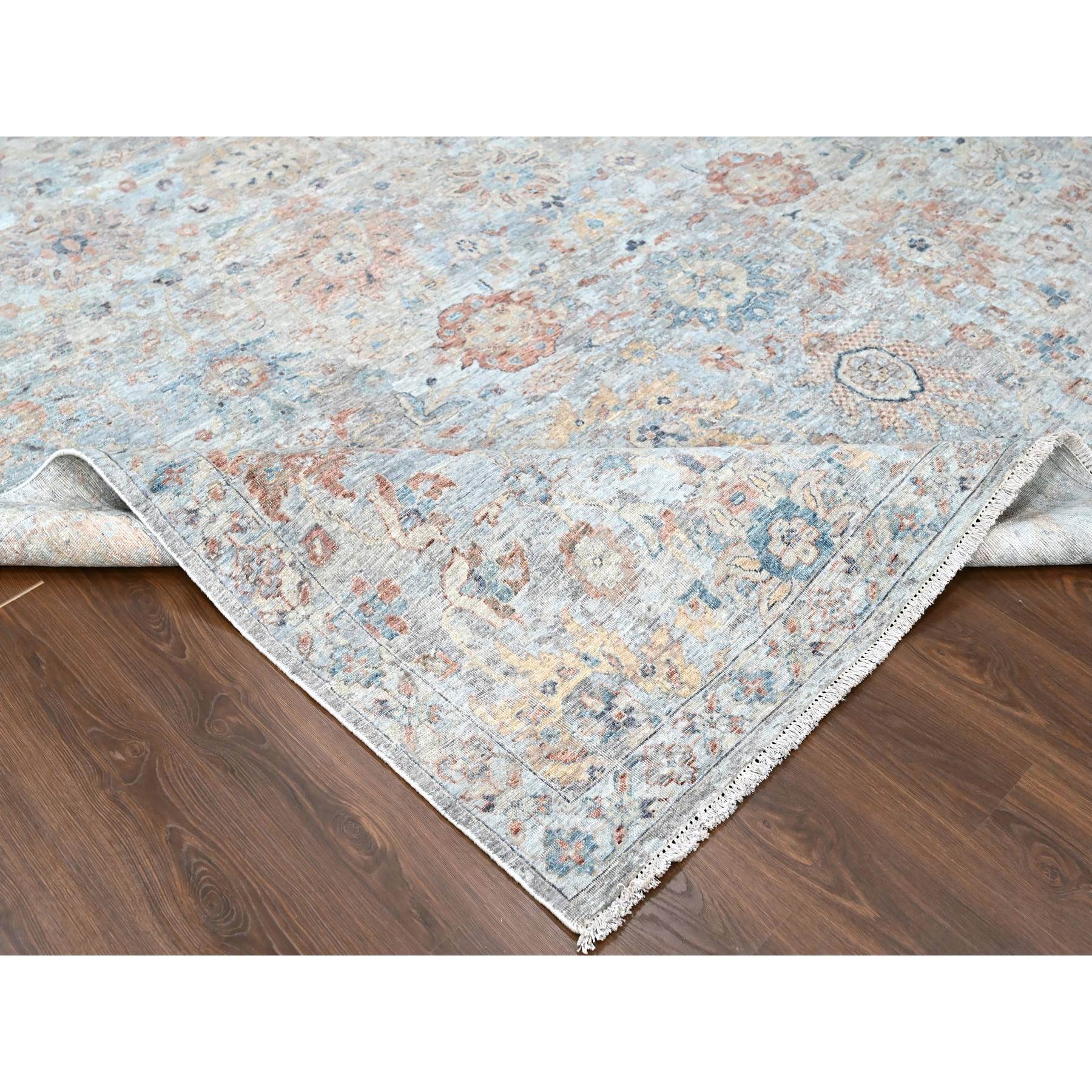 9'10"x13'10" Misty Gray, Hand Knotted, Caucasian Gul Motifs, Zero Pile with Distinct Abrash, Distressed and Sheared Down, Pure Wool, Oriental Rug Sh10167