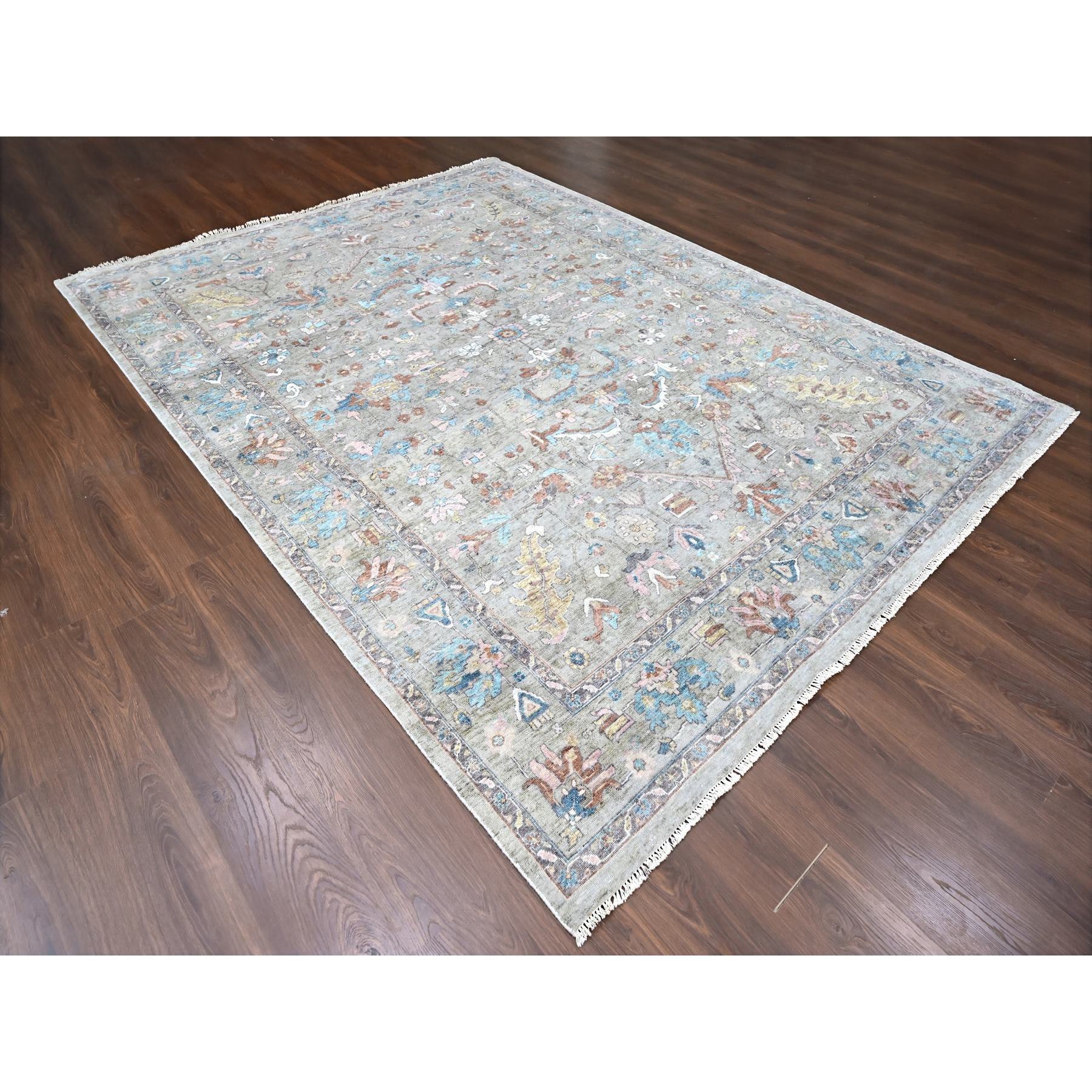 8'6"x11'3" Dark Vanilla Brown, Antiqued Tabriz with All Over Design, Distressed, Zero Pile, Shaved Low, 100% Wool, Hand Knotted, Oriental Rug Sh10169