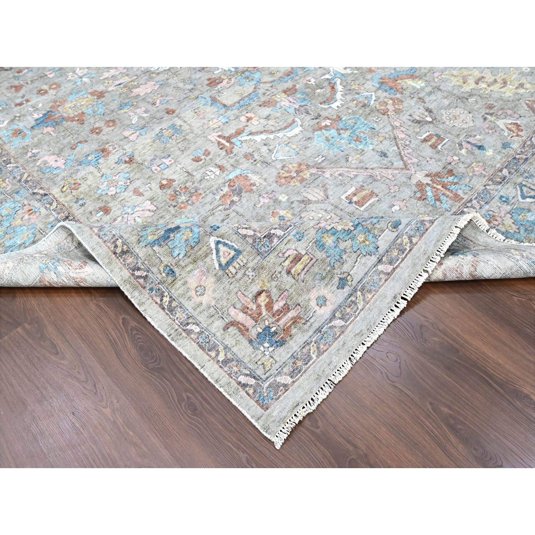 8'6"x11'3" Dark Vanilla Brown, Antiqued Tabriz with All Over Design, Distressed, Zero Pile, Shaved Low, 100% Wool, Hand Knotted, Oriental Rug Sh10169