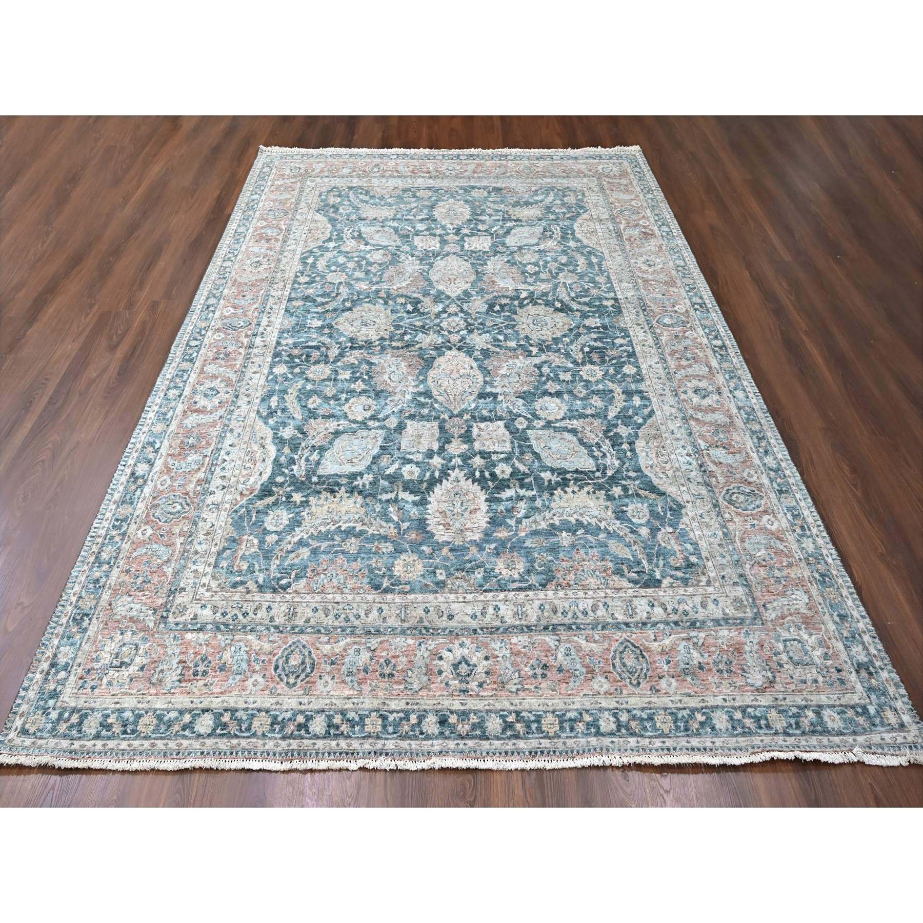 9'x11'10" Teal Color, Antiqued Tabriz Design, Distressed with Abrash, Zero Pile, Shaved Low, 100% Wool, Hand Knotted, Oriental Rug Sh10173