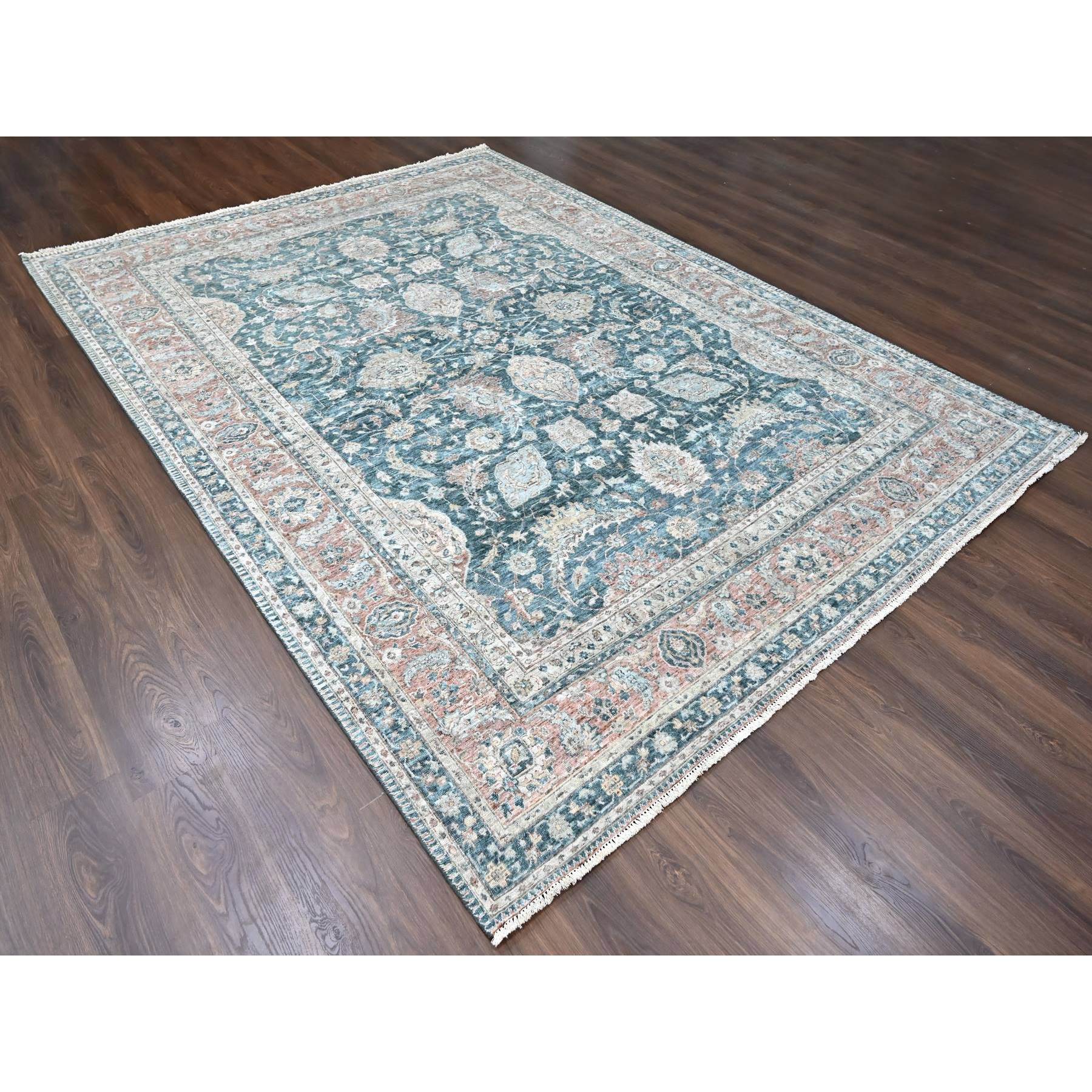 9'x11'10" Teal Color, Antiqued Tabriz Design, Distressed with Abrash, Zero Pile, Shaved Low, 100% Wool, Hand Knotted, Oriental Rug Sh10173