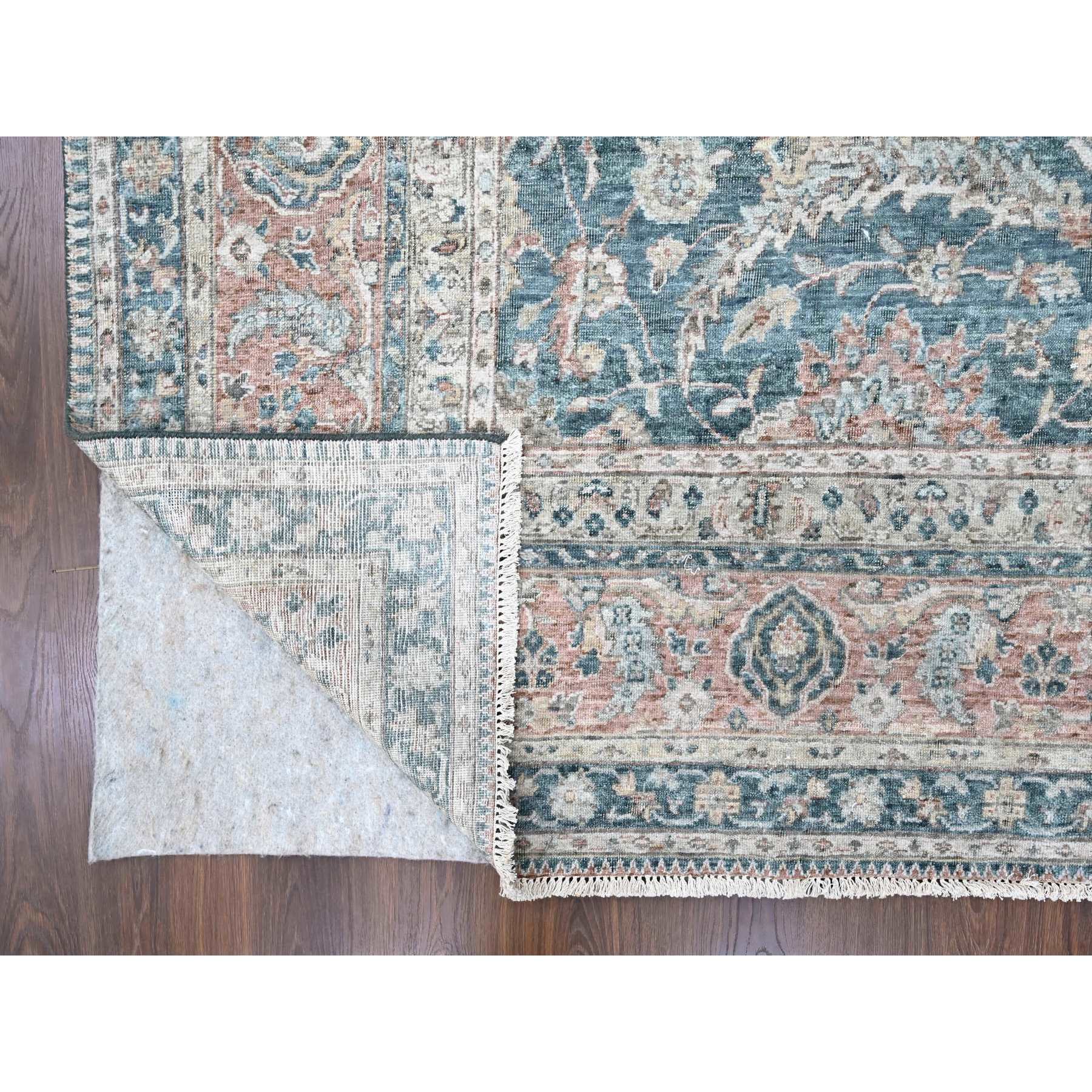9'x11'10" Teal Color, Antiqued Tabriz Design, Distressed with Abrash, Zero Pile, Shaved Low, 100% Wool, Hand Knotted, Oriental Rug Sh10173