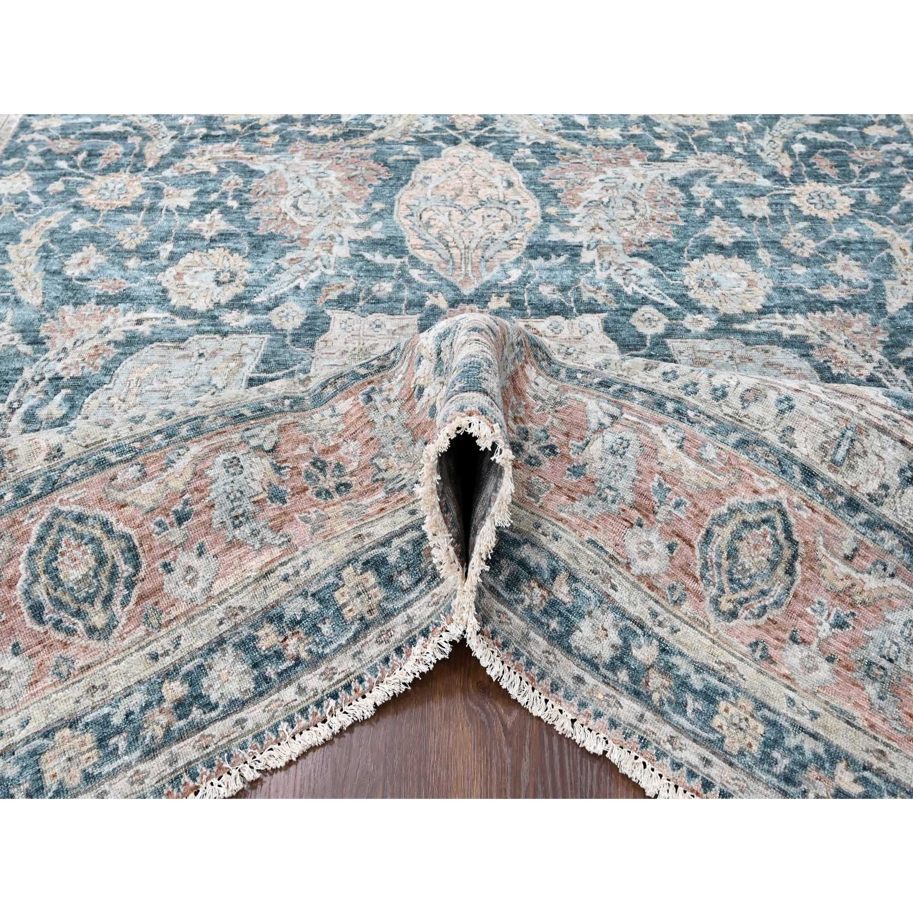 9'x11'10" Teal Color, Antiqued Tabriz Design, Distressed with Abrash, Zero Pile, Shaved Low, 100% Wool, Hand Knotted, Oriental Rug Sh10173