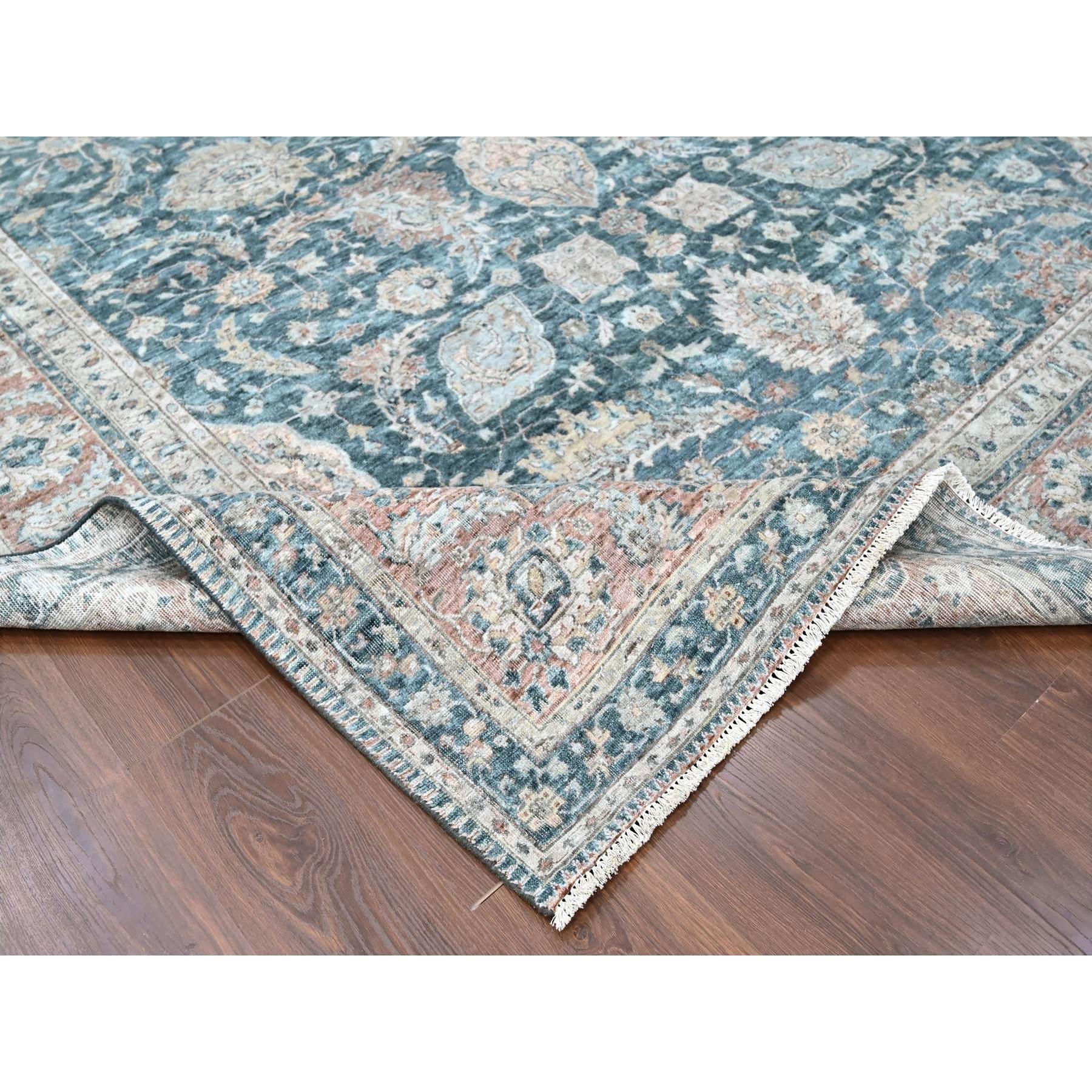 9'x11'10" Teal Color, Antiqued Tabriz Design, Distressed with Abrash, Zero Pile, Shaved Low, 100% Wool, Hand Knotted, Oriental Rug Sh10173