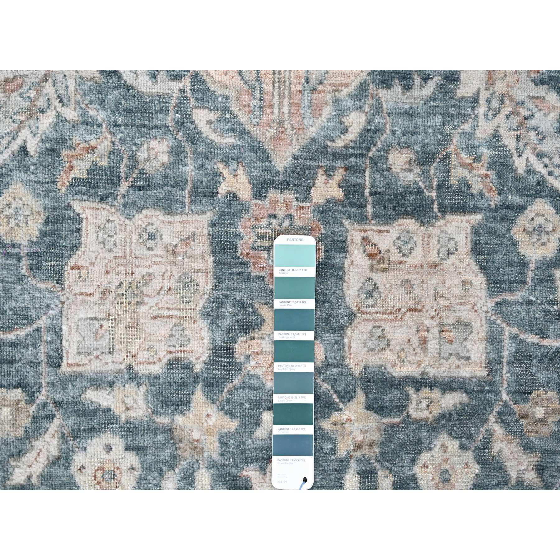9'x11'10" Teal Color, Antiqued Tabriz Design, Distressed with Abrash, Zero Pile, Shaved Low, 100% Wool, Hand Knotted, Oriental Rug Sh10173