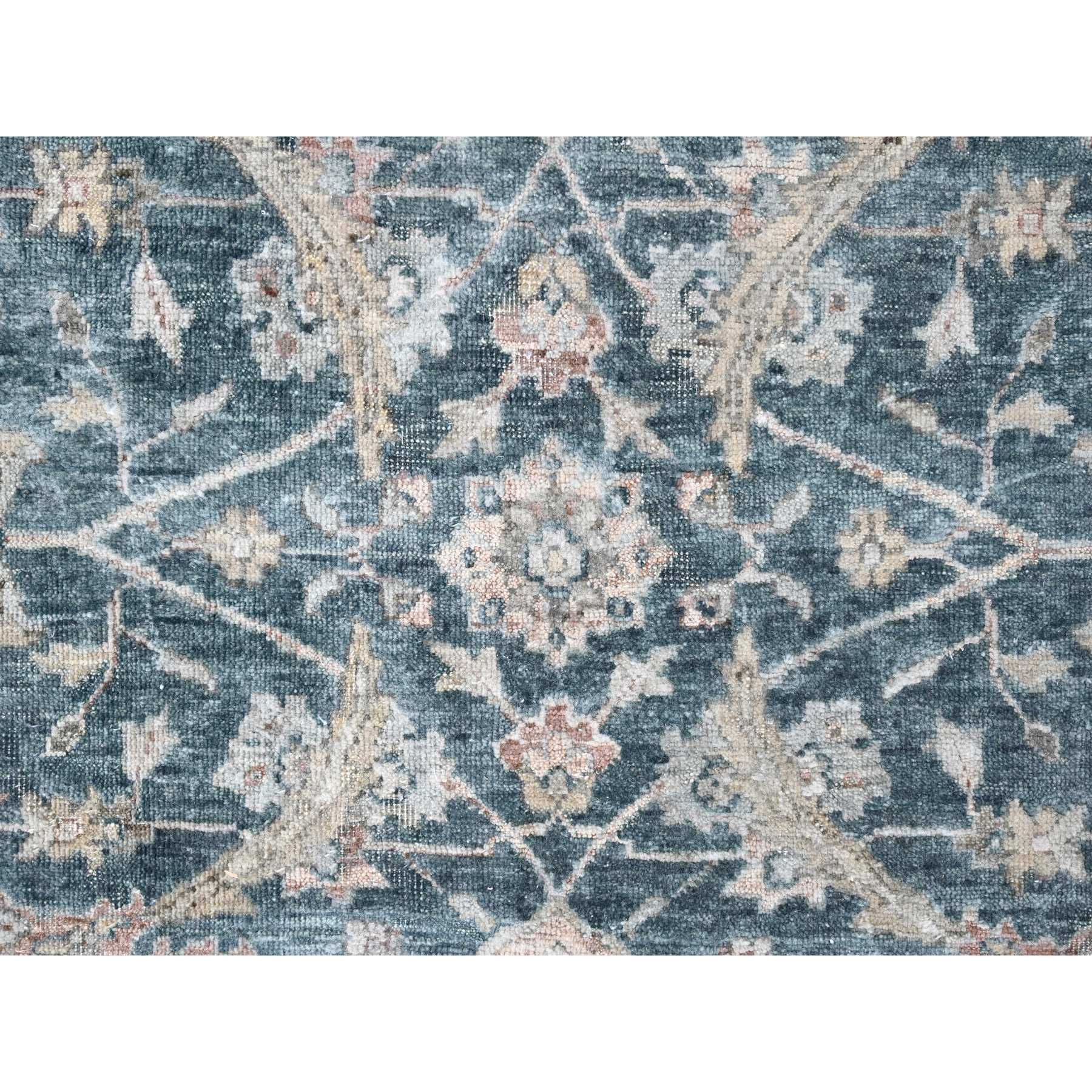 9'x11'10" Teal Color, Antiqued Tabriz Design, Distressed with Abrash, Zero Pile, Shaved Low, 100% Wool, Hand Knotted, Oriental Rug Sh10173