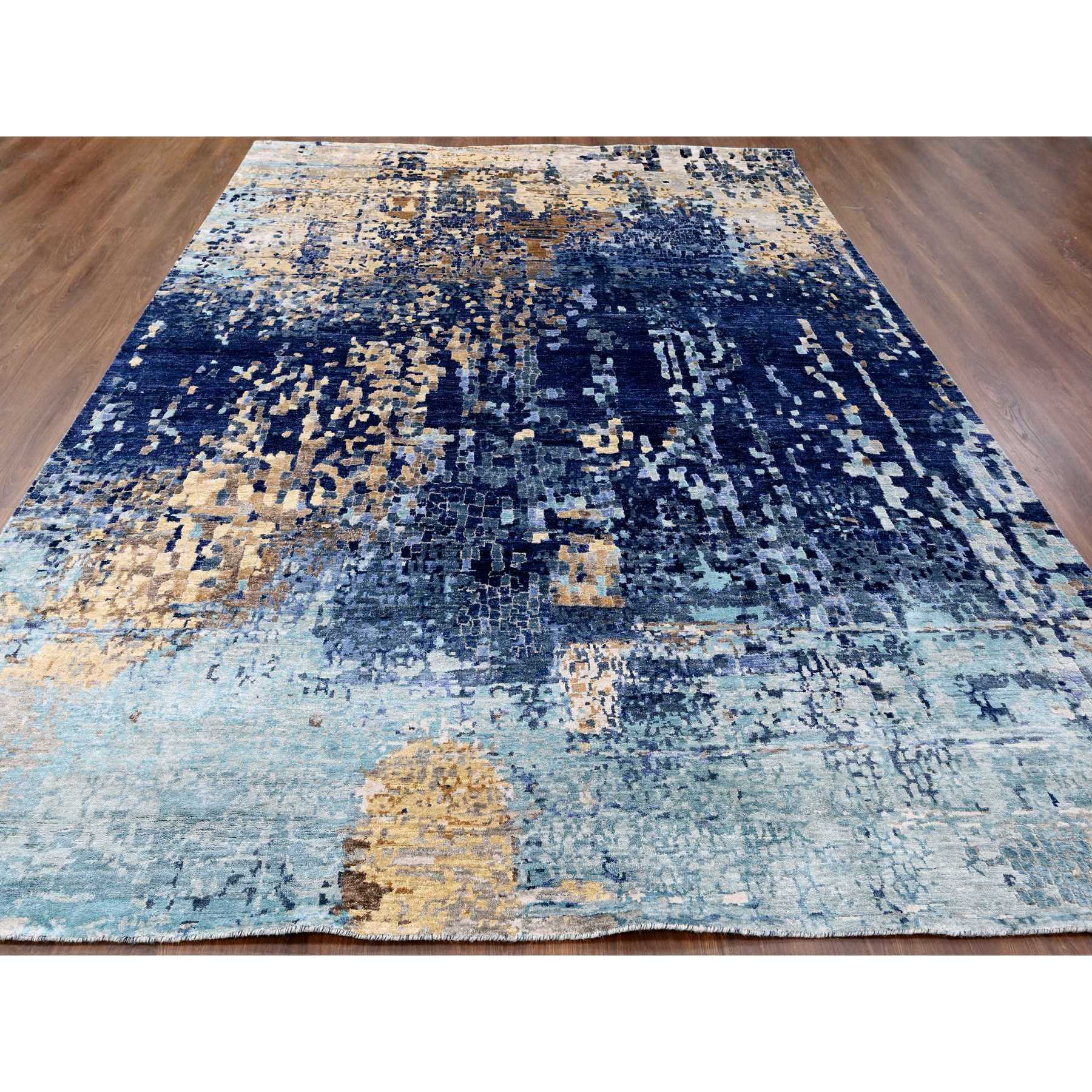8'9"x12'1" Shades of Blue with Gold, Modern Mosaic Design, Hand Knotted, Persian Knot, Denser Weave, Wool and Silk, Oriental Rug Sh10177