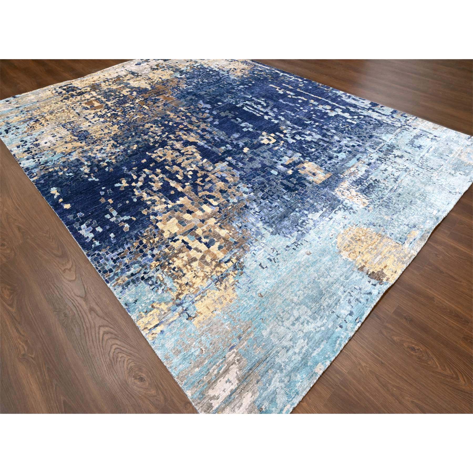 8'9"x12'1" Shades of Blue with Gold, Modern Mosaic Design, Hand Knotted, Persian Knot, Denser Weave, Wool and Silk, Oriental Rug Sh10177