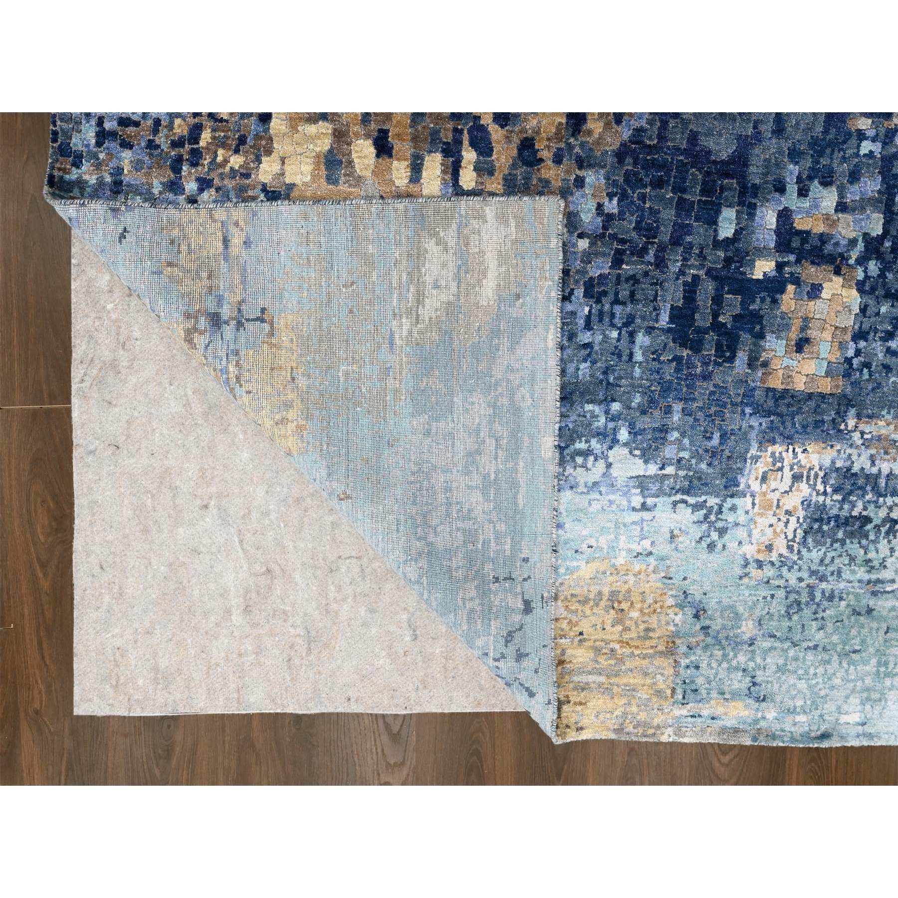 8'9"x12'1" Shades of Blue with Gold, Modern Mosaic Design, Hand Knotted, Persian Knot, Denser Weave, Wool and Silk, Oriental Rug Sh10177
