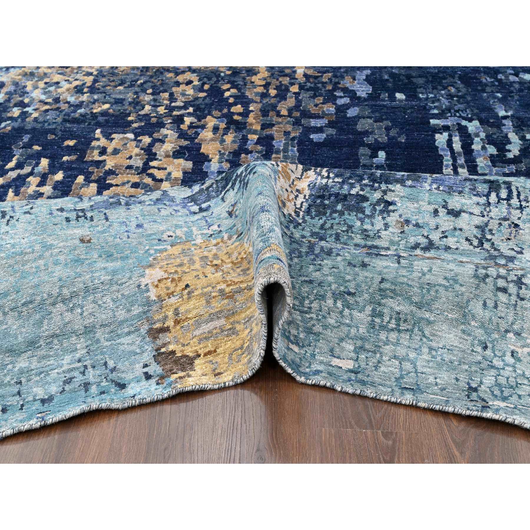 8'9"x12'1" Shades of Blue with Gold, Modern Mosaic Design, Hand Knotted, Persian Knot, Denser Weave, Wool and Silk, Oriental Rug Sh10177