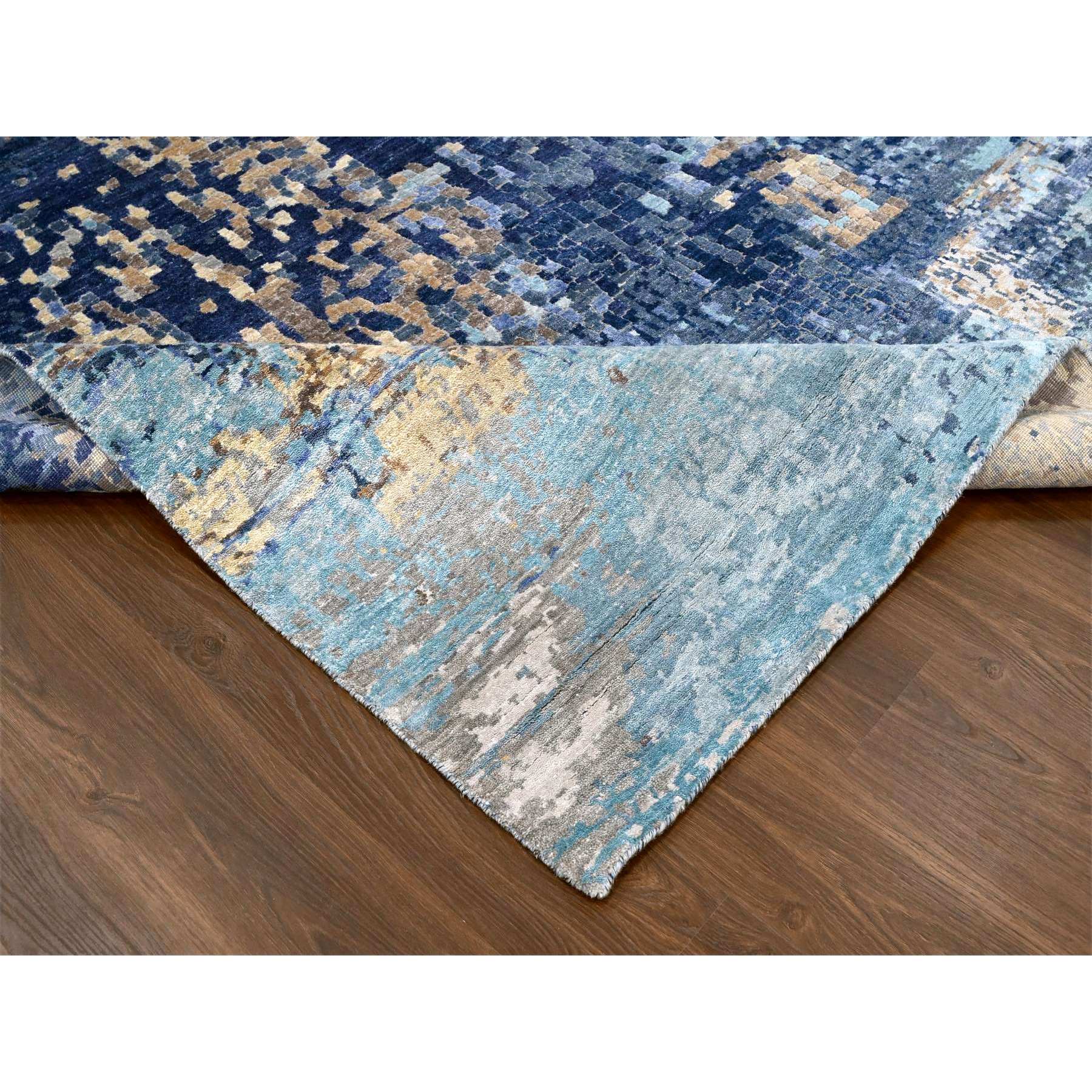 8'9"x12'1" Shades of Blue with Gold, Modern Mosaic Design, Hand Knotted, Persian Knot, Denser Weave, Wool and Silk, Oriental Rug Sh10177