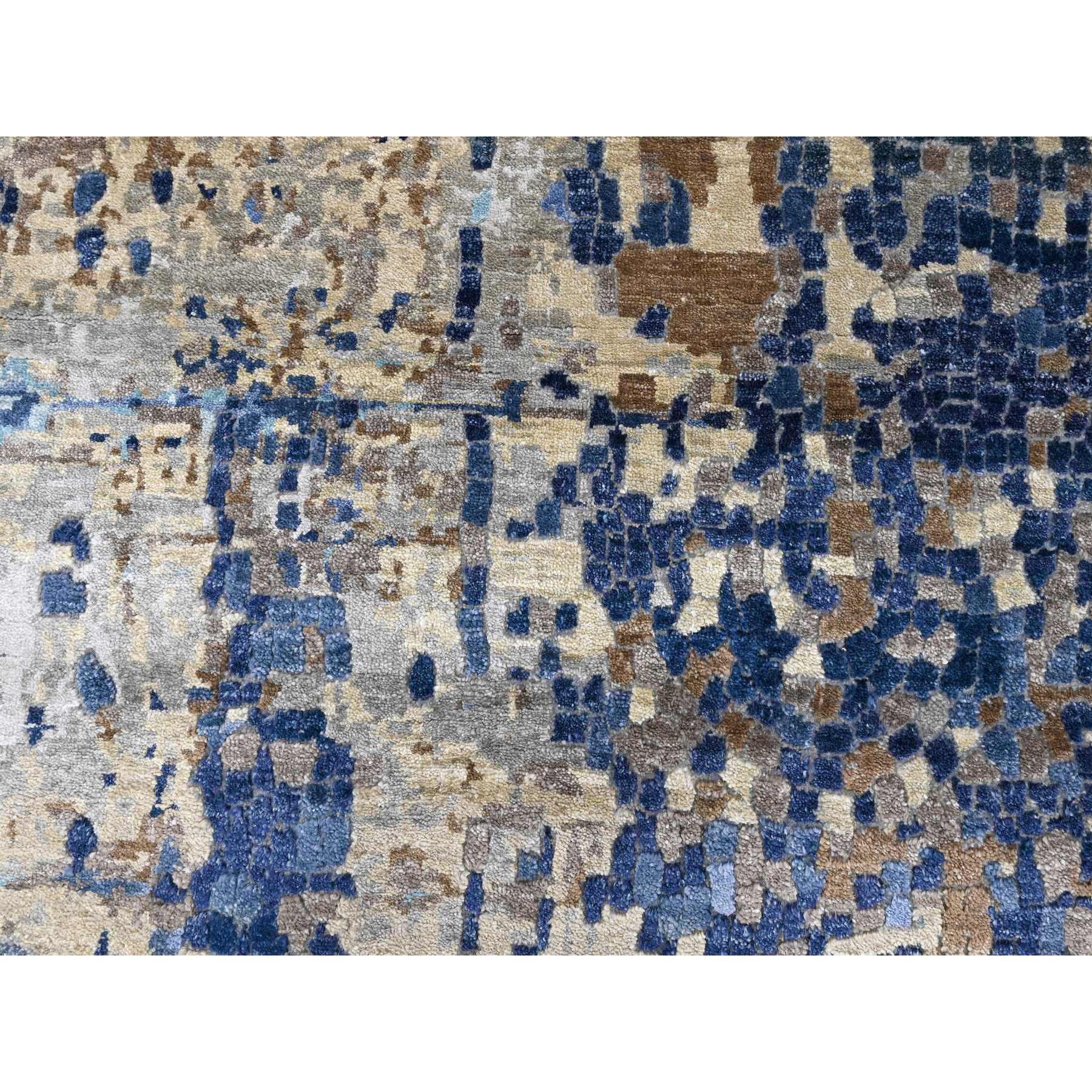 8'9"x12'1" Shades of Blue with Gold, Modern Mosaic Design, Hand Knotted, Persian Knot, Denser Weave, Wool and Silk, Oriental Rug Sh10177