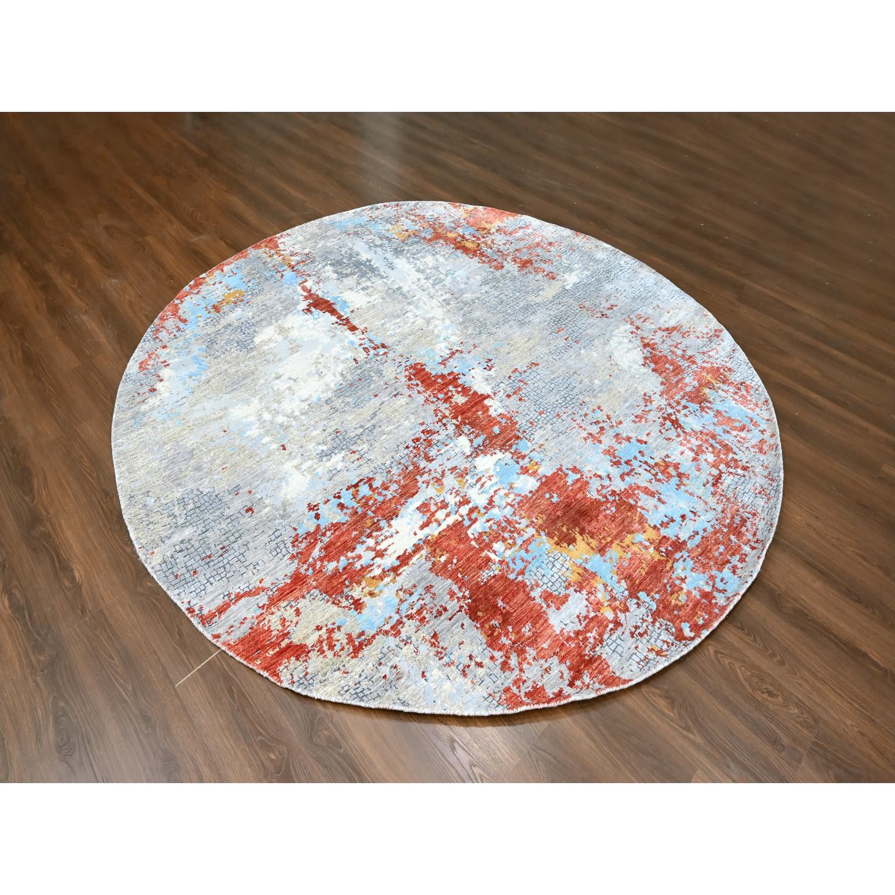 9'10"x9'10" Rust Orange with Blue, Abstract with Fire Mosaic Design, Wool and Silk, Hand Knotted, Round, Oriental Rug Sh10179