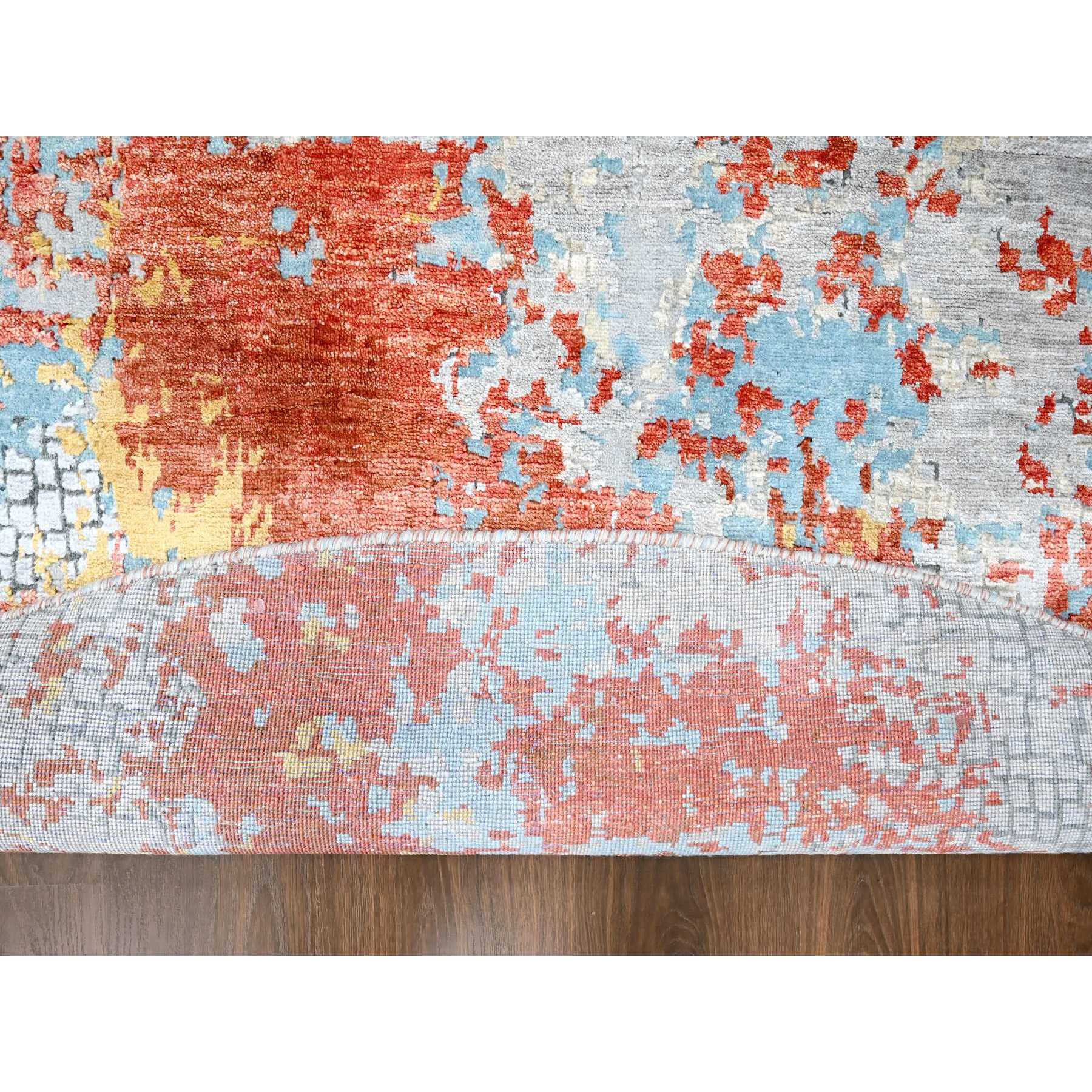 9'10"x9'10" Rust Orange with Blue, Abstract with Fire Mosaic Design, Wool and Silk, Hand Knotted, Round, Oriental Rug Sh10179