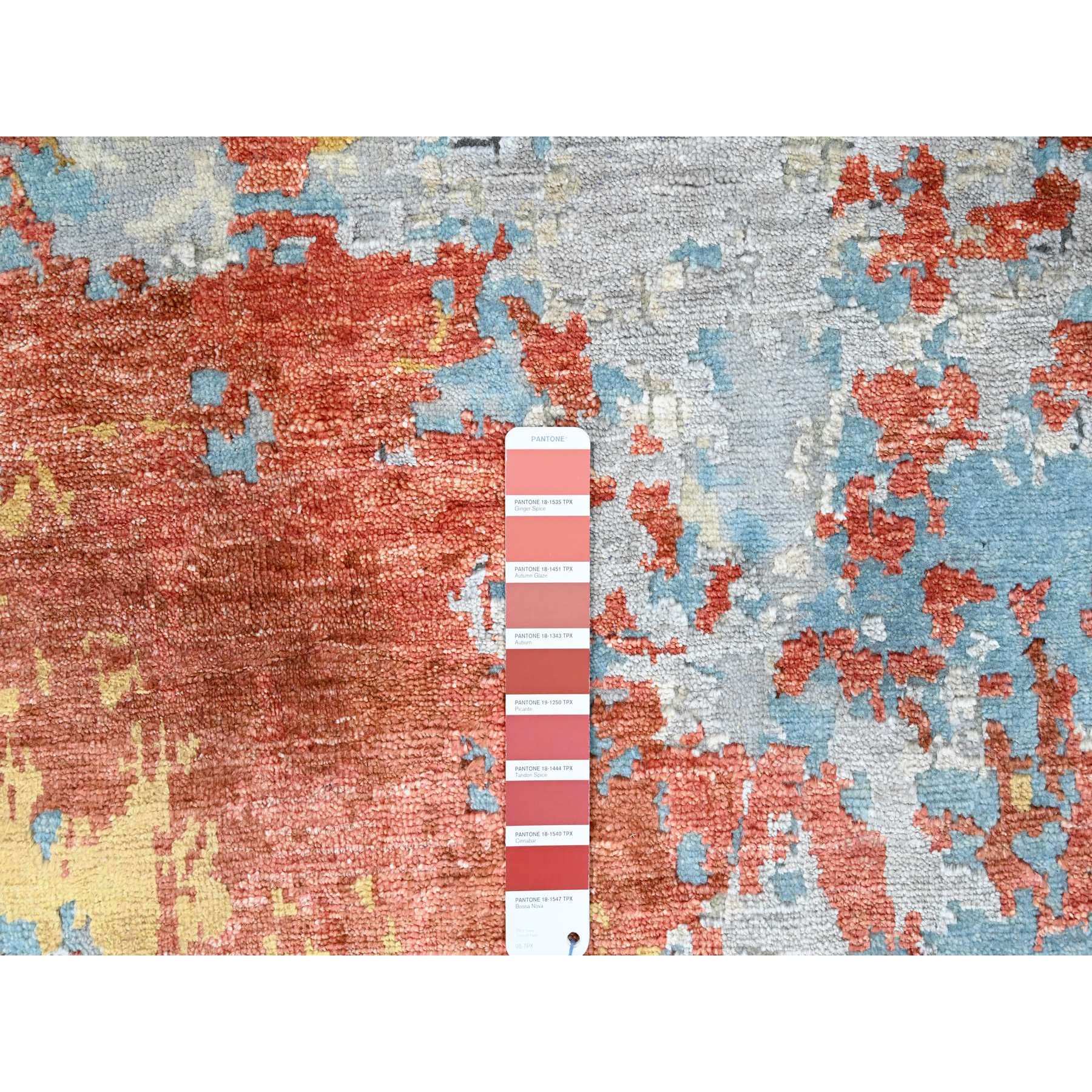 9'10"x9'10" Rust Orange with Blue, Abstract with Fire Mosaic Design, Wool and Silk, Hand Knotted, Round, Oriental Rug Sh10179