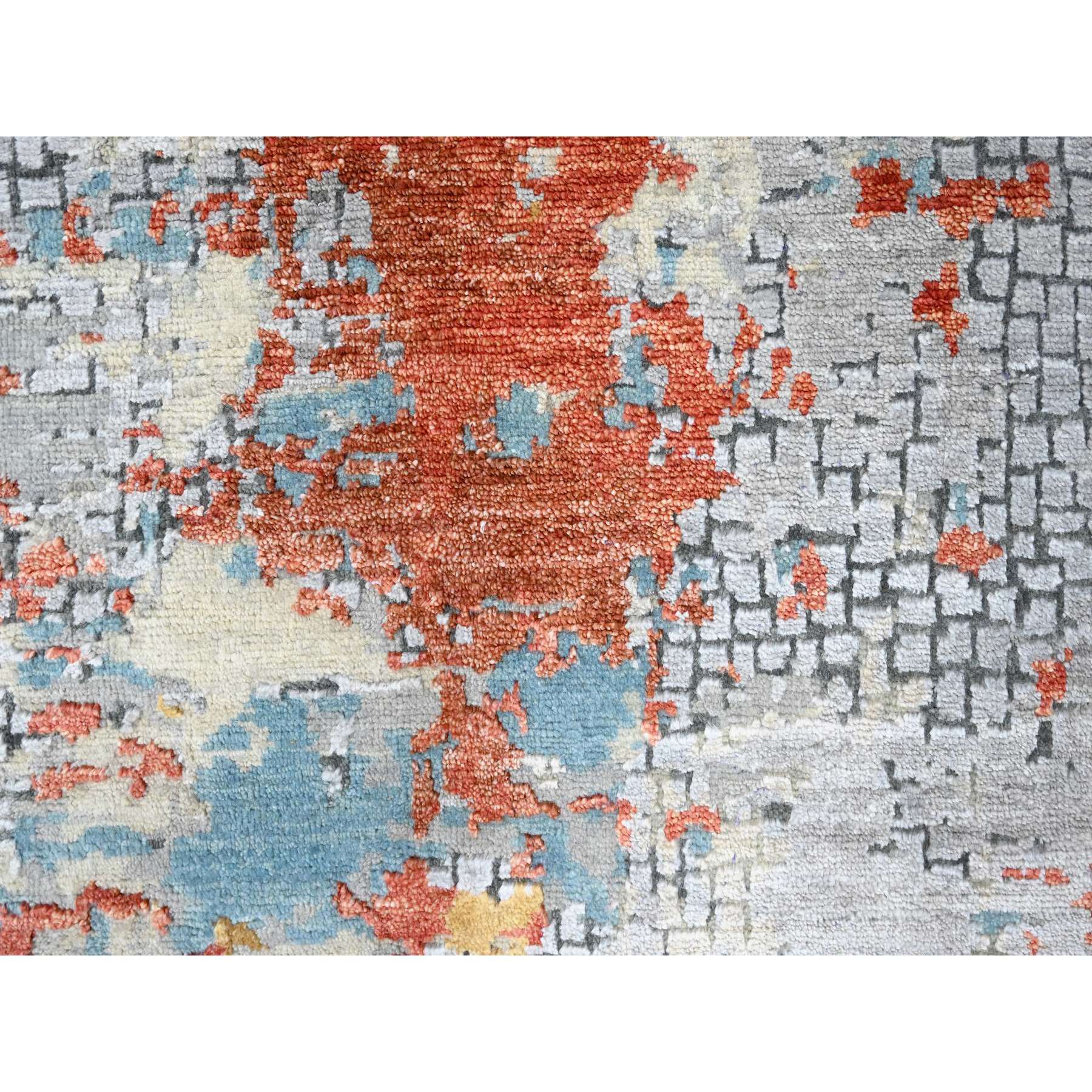 9'10"x9'10" Rust Orange with Blue, Abstract with Fire Mosaic Design, Wool and Silk, Hand Knotted, Round, Oriental Rug Sh10179
