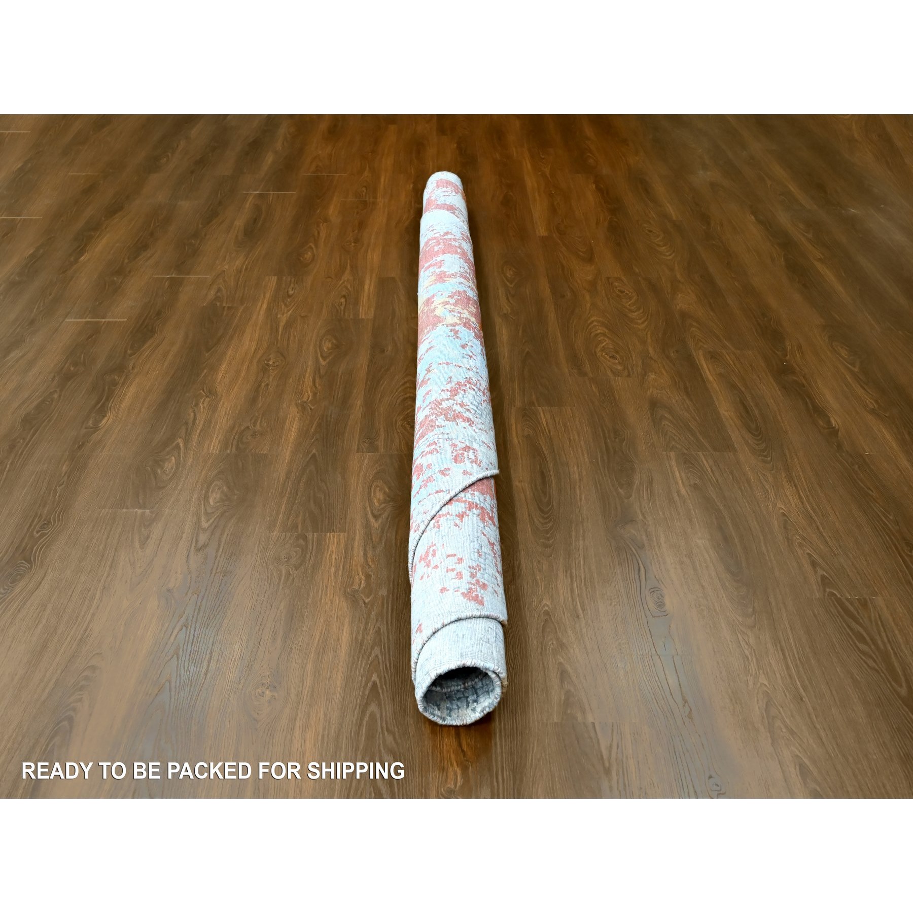 9'10"x9'10" Rust Orange with Blue, Abstract with Fire Mosaic Design, Wool and Silk, Hand Knotted, Round, Oriental Rug Sh10179