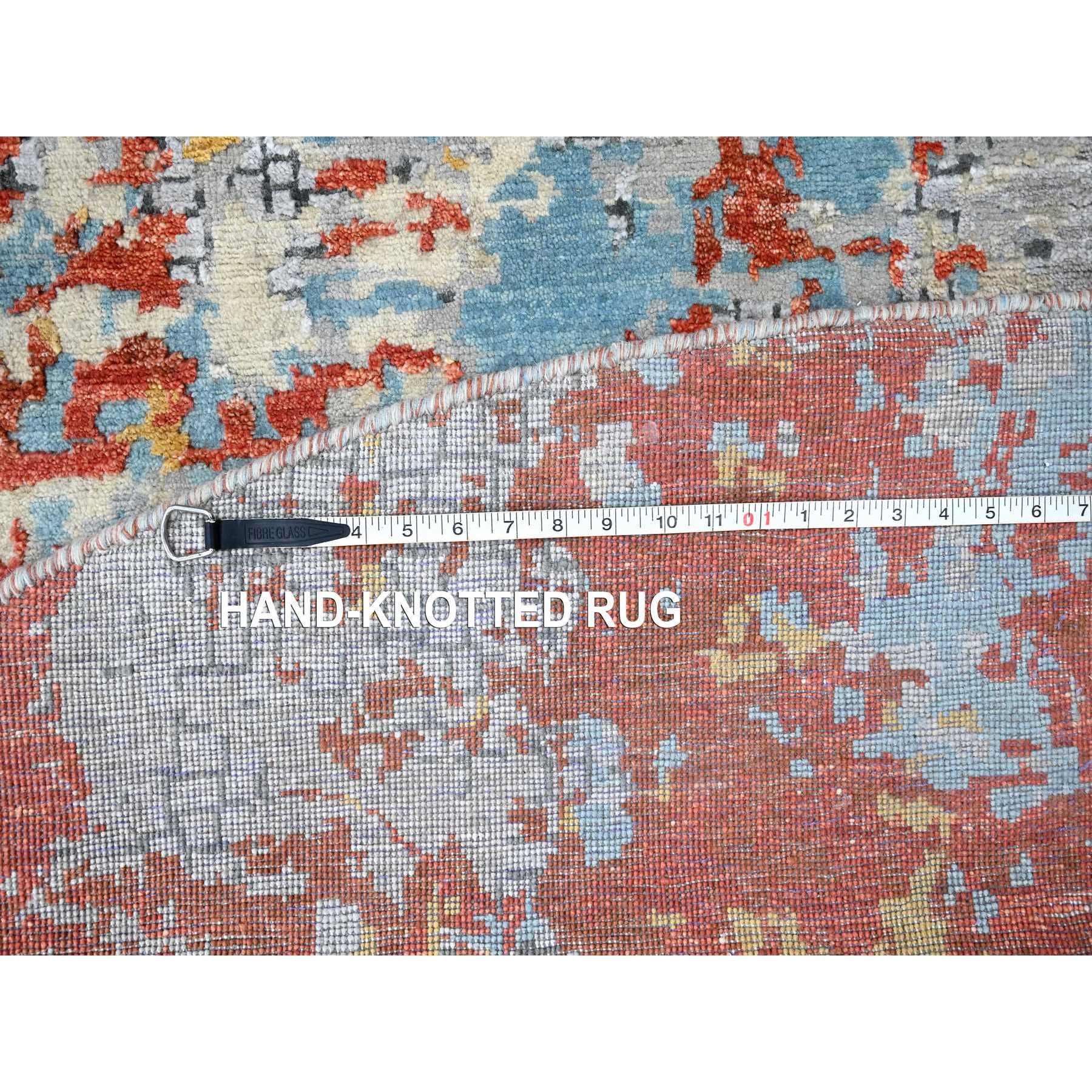 9'10"x9'10" Rust Orange with Blue, Abstract with Fire Mosaic Design, Wool and Silk, Hand Knotted, Round, Oriental Rug Sh10179