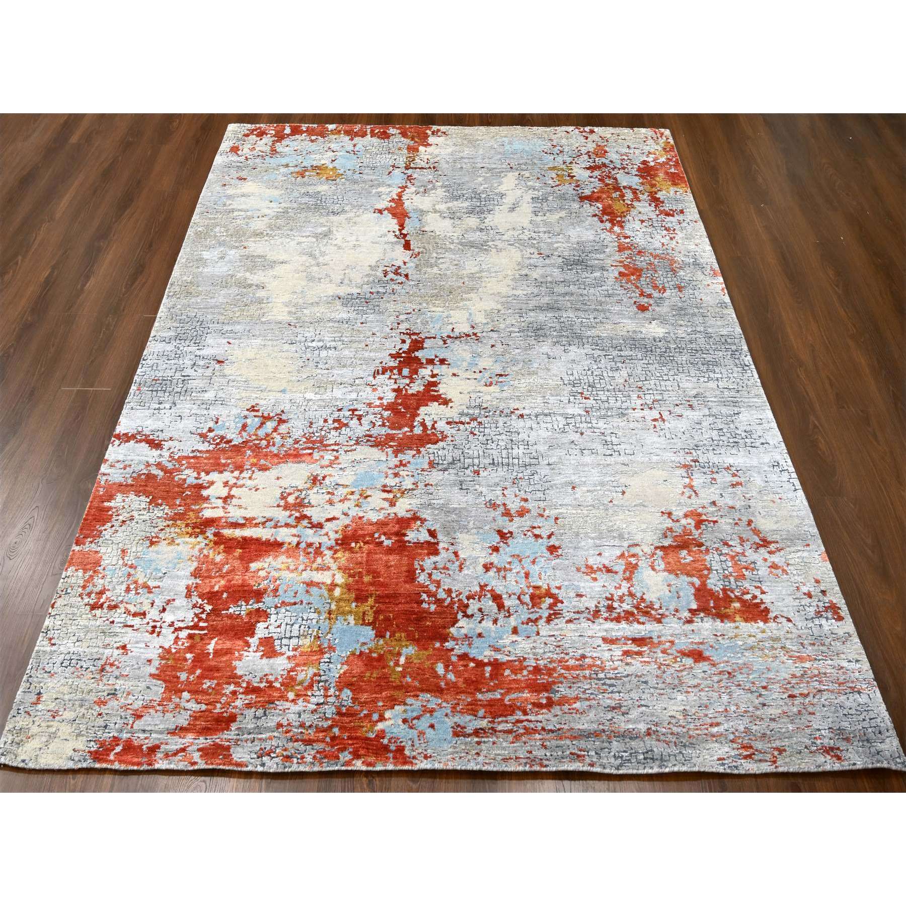 7'10"x9'10" Dark Coral with Medium Gray, Abstract with Fire Mosaic Design, Densely Woven, Wool and Silk, Hand Knotted, Oriental Rug Sh10180