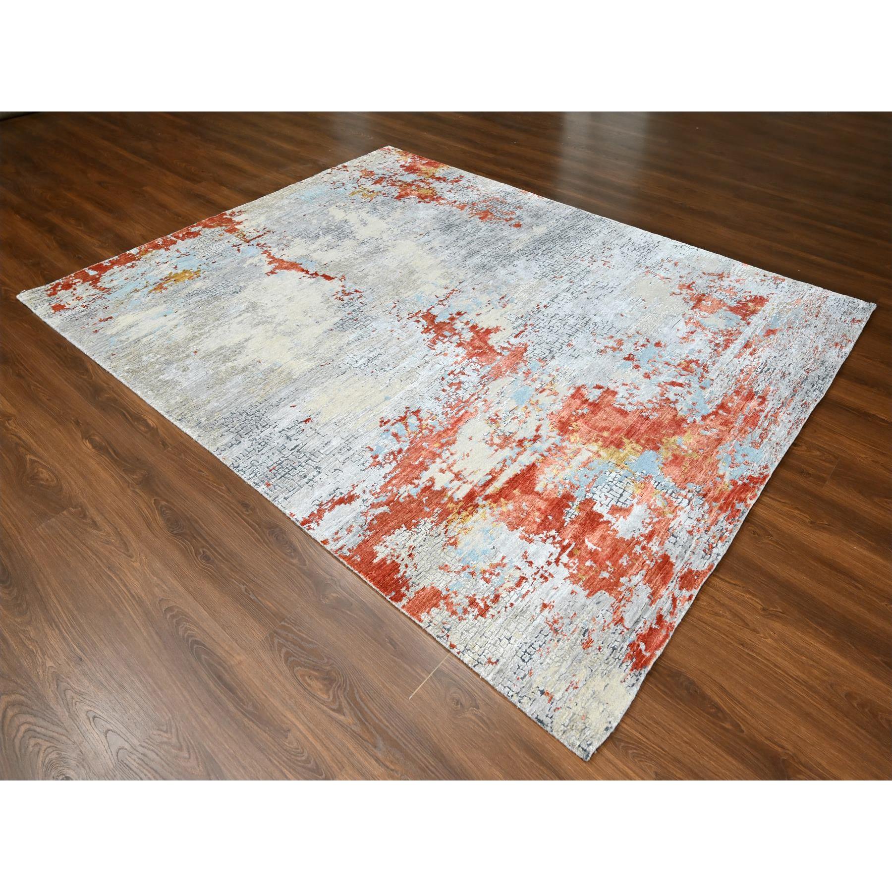 7'10"x9'10" Dark Coral with Medium Gray, Abstract with Fire Mosaic Design, Densely Woven, Wool and Silk, Hand Knotted, Oriental Rug Sh10180