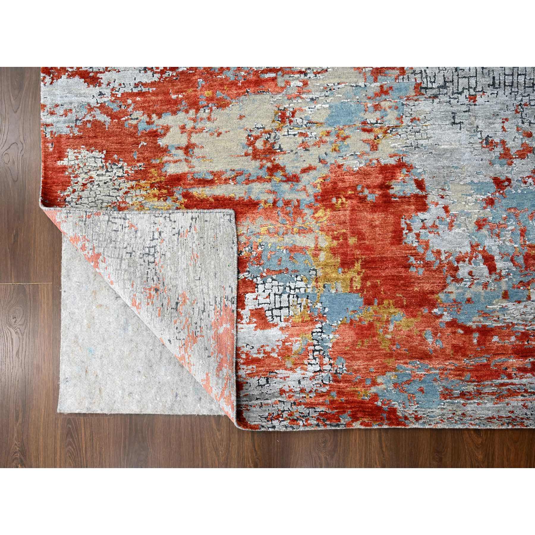 7'10"x9'10" Dark Coral with Medium Gray, Abstract with Fire Mosaic Design, Densely Woven, Wool and Silk, Hand Knotted, Oriental Rug Sh10180