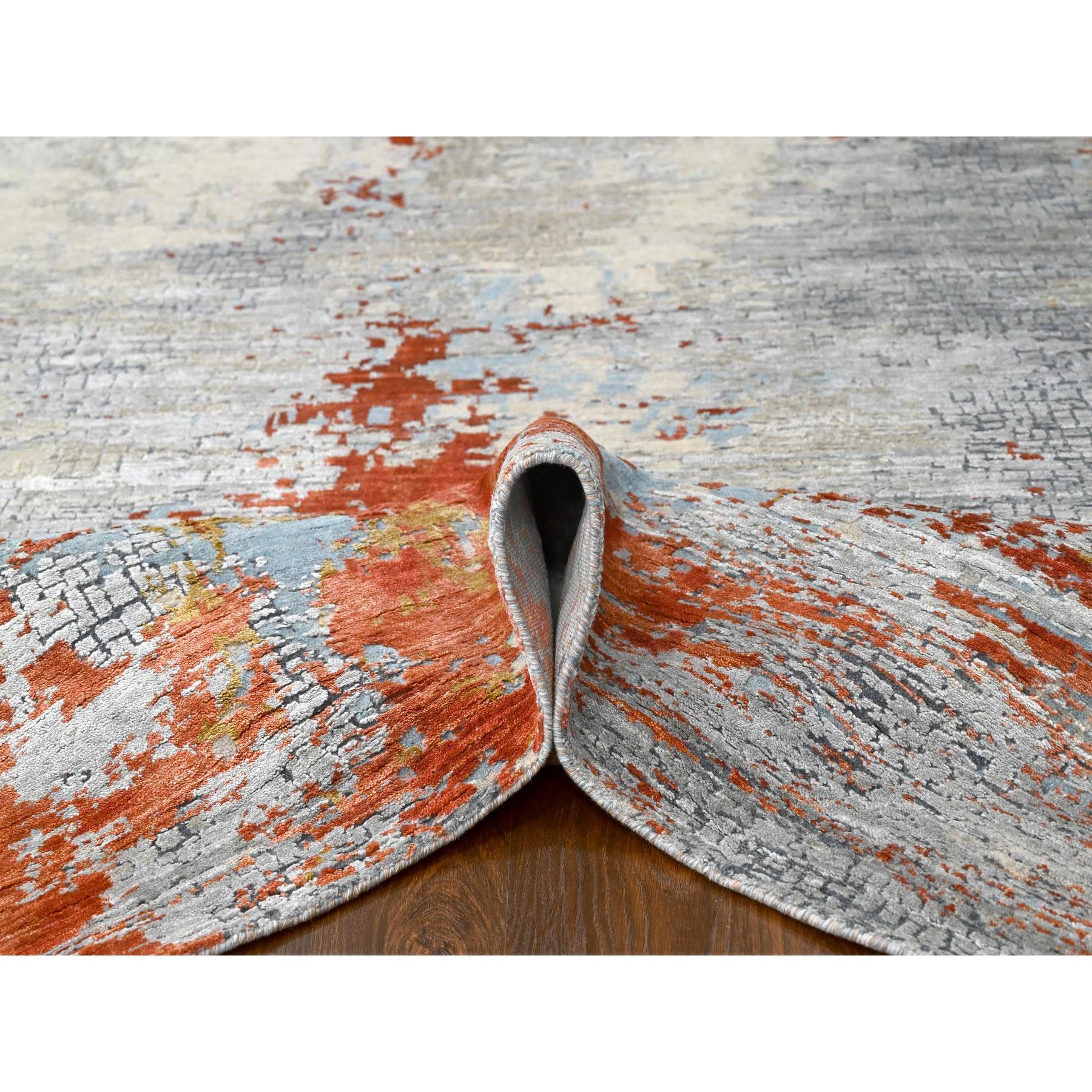 7'10"x9'10" Dark Coral with Medium Gray, Abstract with Fire Mosaic Design, Densely Woven, Wool and Silk, Hand Knotted, Oriental Rug Sh10180