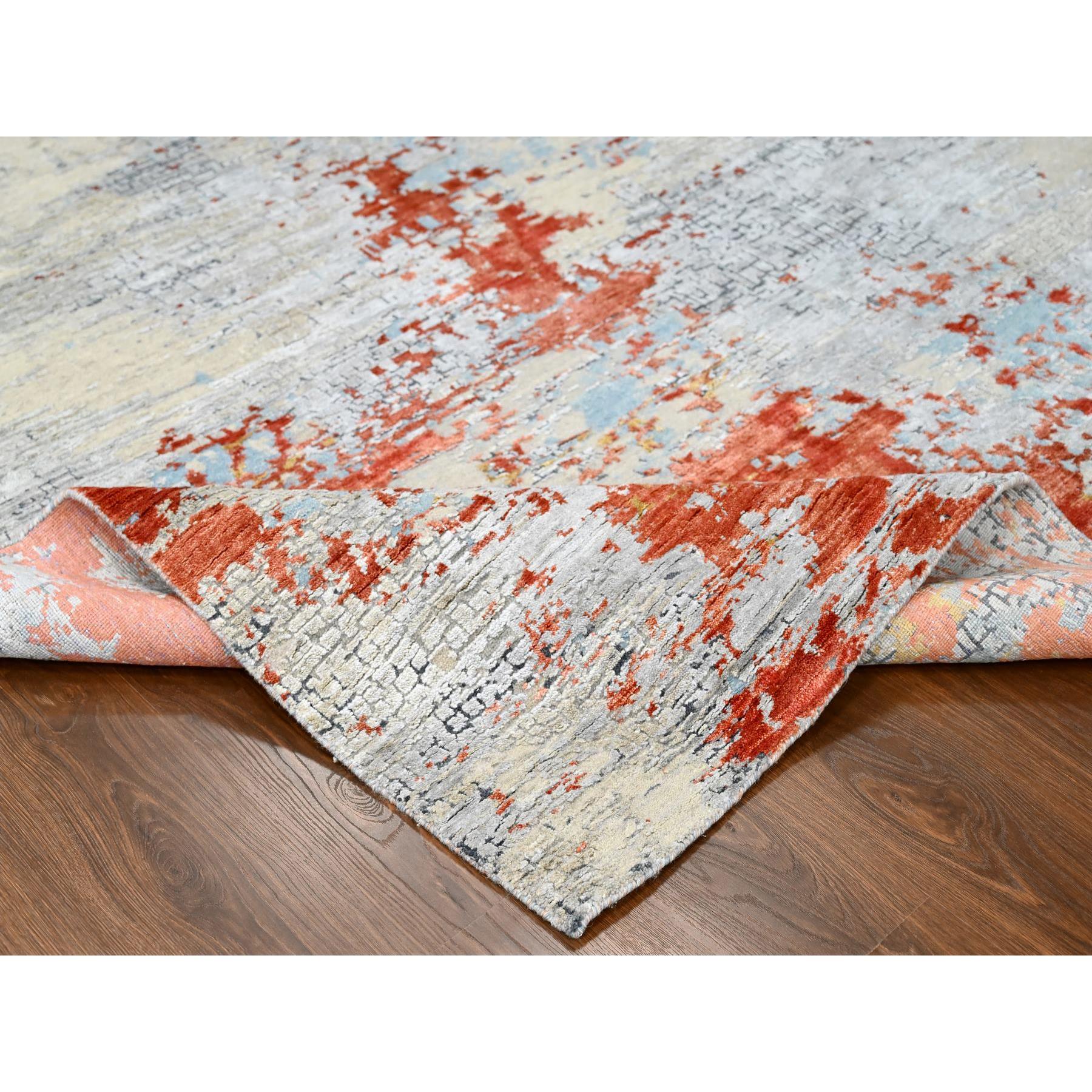 7'10"x9'10" Dark Coral with Medium Gray, Abstract with Fire Mosaic Design, Densely Woven, Wool and Silk, Hand Knotted, Oriental Rug Sh10180