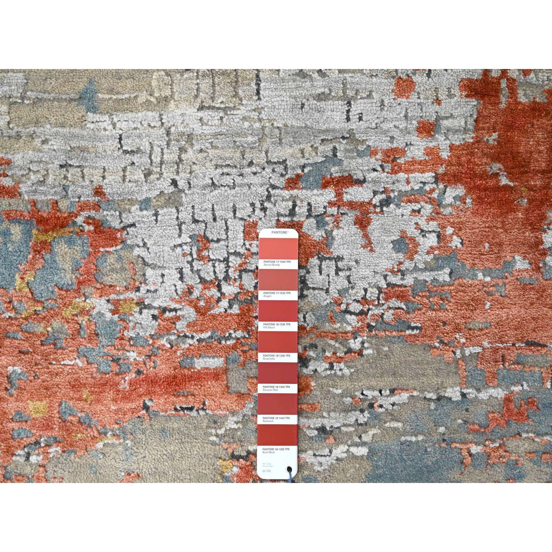 7'10"x9'10" Dark Coral with Medium Gray, Abstract with Fire Mosaic Design, Densely Woven, Wool and Silk, Hand Knotted, Oriental Rug Sh10180