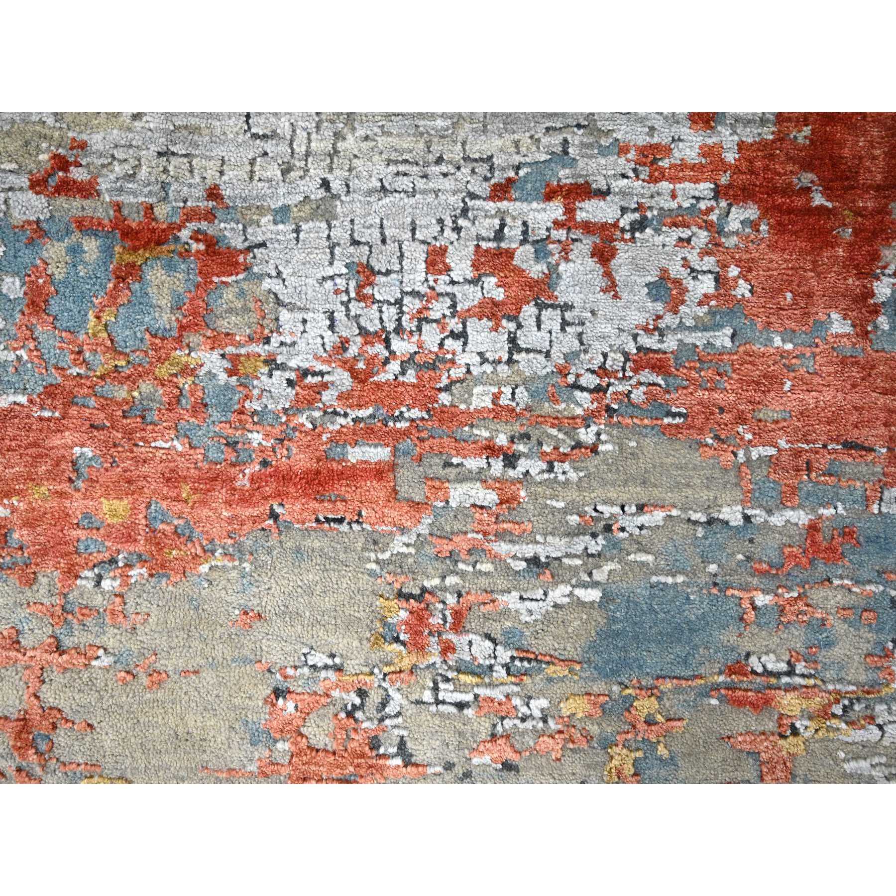 7'10"x9'10" Dark Coral with Medium Gray, Abstract with Fire Mosaic Design, Densely Woven, Wool and Silk, Hand Knotted, Oriental Rug Sh10180