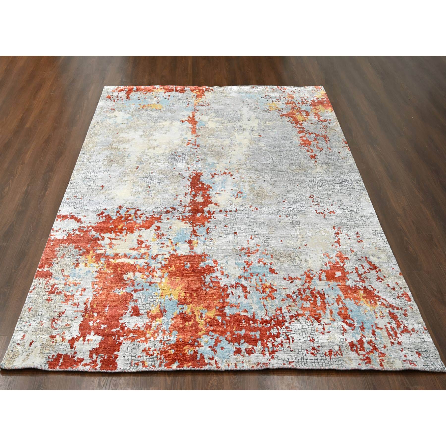 9'x11'9" Flame Orange with Cloud Gray, Densely Woven, Abstract with Fire Mosaic Design, Wool and Silk, Hand Knotted, Oriental Rug Sh10181