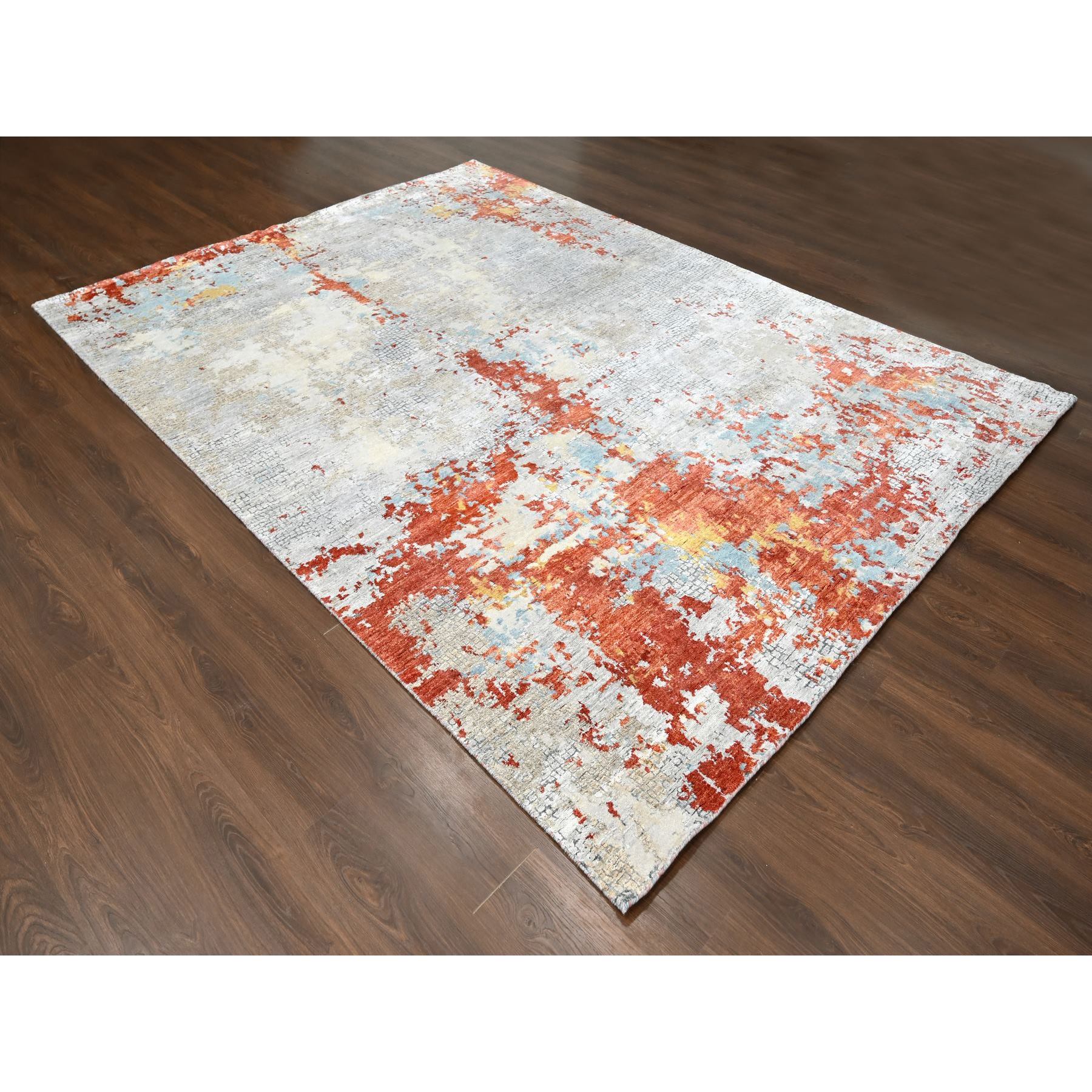 9'x11'9" Flame Orange with Cloud Gray, Densely Woven, Abstract with Fire Mosaic Design, Wool and Silk, Hand Knotted, Oriental Rug Sh10181