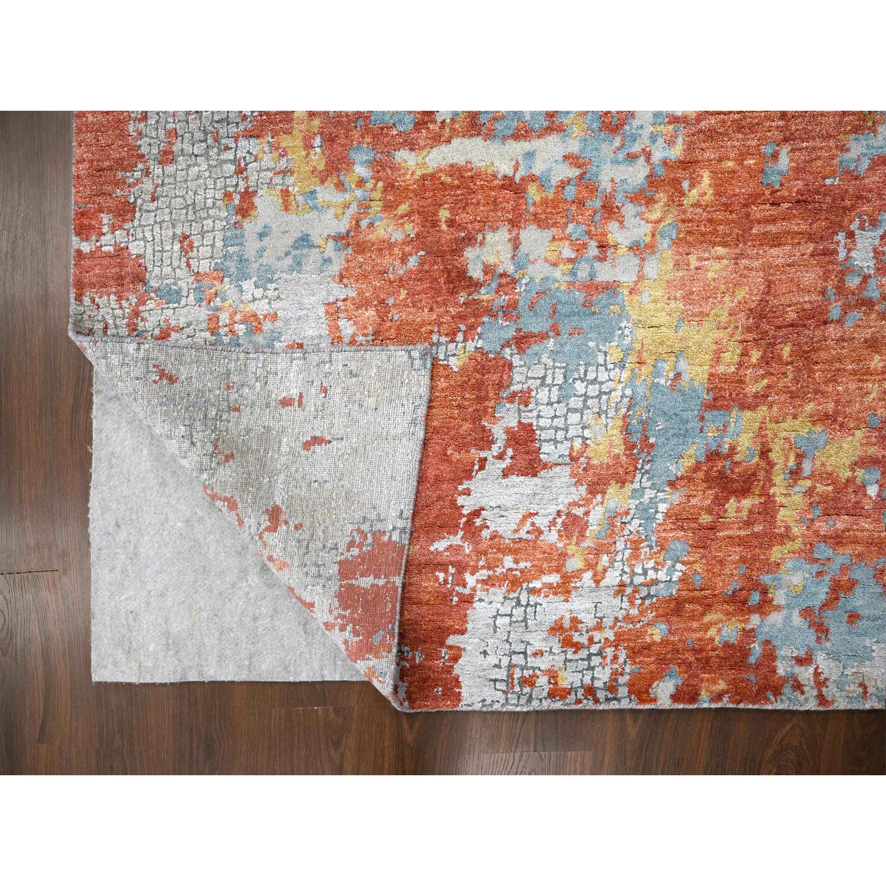 9'x11'9" Flame Orange with Cloud Gray, Densely Woven, Abstract with Fire Mosaic Design, Wool and Silk, Hand Knotted, Oriental Rug Sh10181