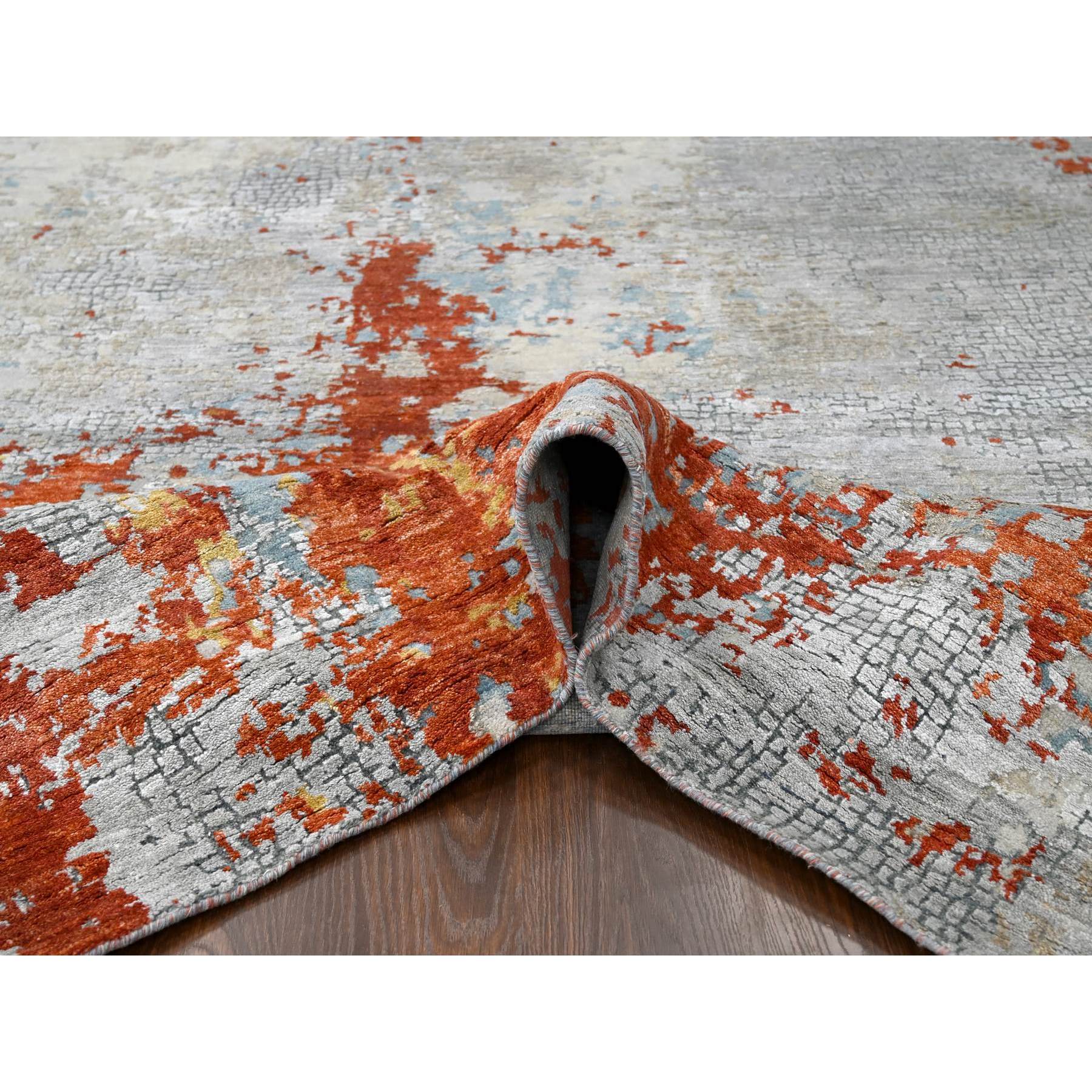 9'x11'9" Flame Orange with Cloud Gray, Densely Woven, Abstract with Fire Mosaic Design, Wool and Silk, Hand Knotted, Oriental Rug Sh10181