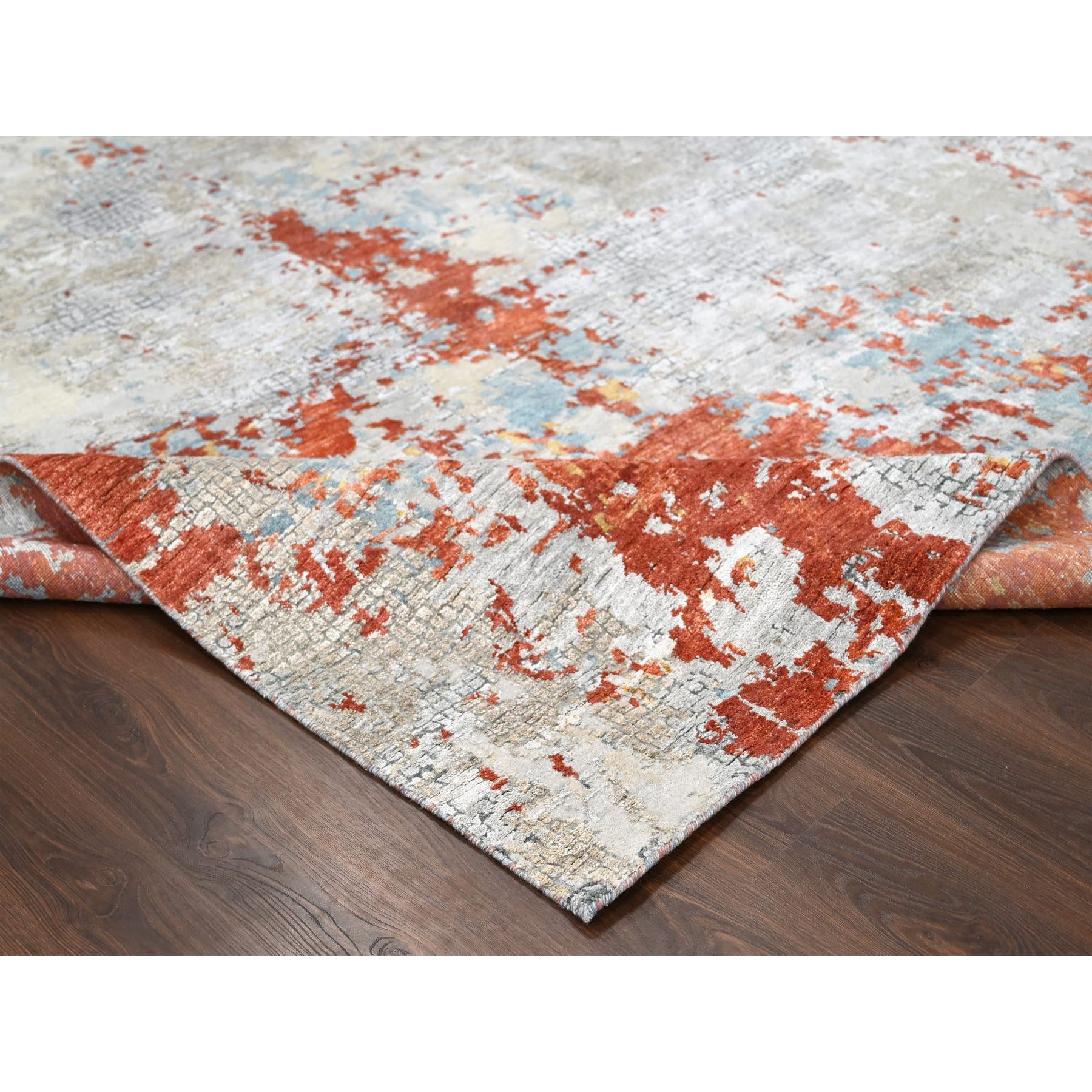 9'x11'9" Flame Orange with Cloud Gray, Densely Woven, Abstract with Fire Mosaic Design, Wool and Silk, Hand Knotted, Oriental Rug Sh10181