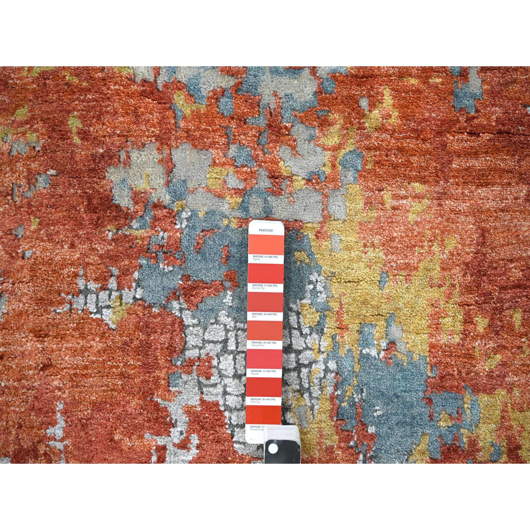 9'x11'9" Flame Orange with Cloud Gray, Densely Woven, Abstract with Fire Mosaic Design, Wool and Silk, Hand Knotted, Oriental Rug Sh10181