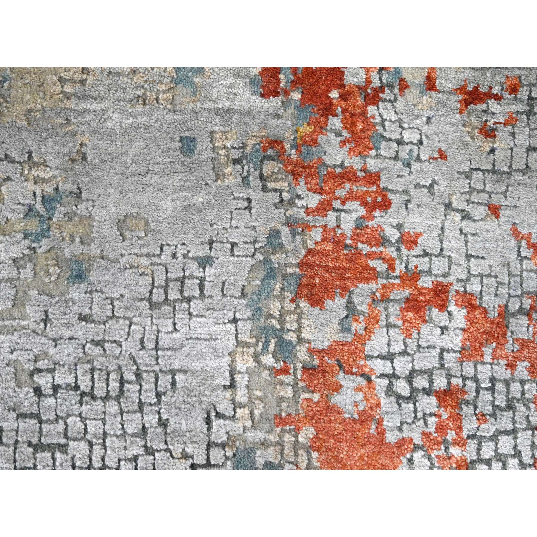 9'x11'9" Flame Orange with Cloud Gray, Densely Woven, Abstract with Fire Mosaic Design, Wool and Silk, Hand Knotted, Oriental Rug Sh10181