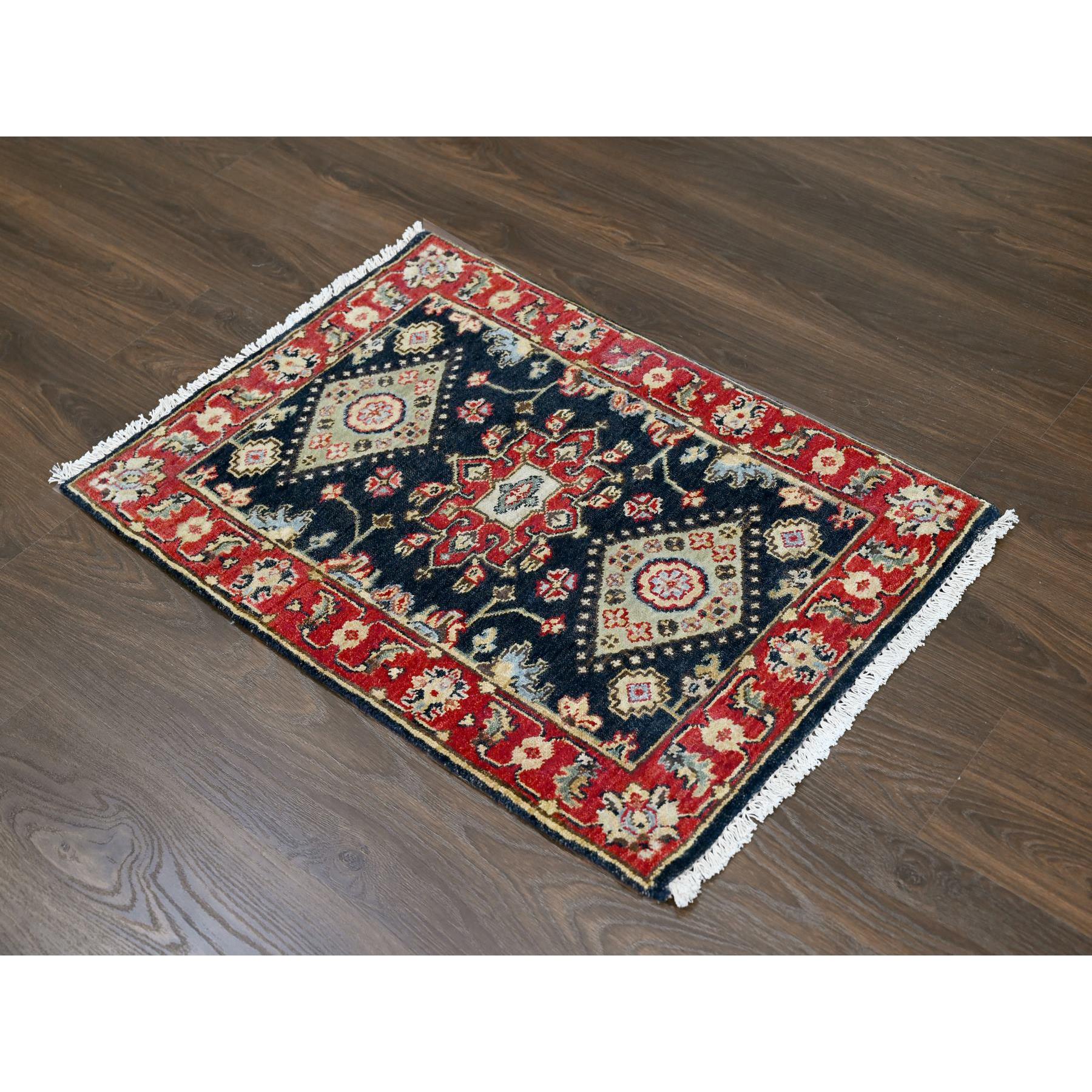 2'x3' Power Black, Hand Knotted, Karajeh with Medallion Design, Vegetable Dyes, Soft Pile, 100% Wool, Mat, Oriental Rug Sh10182