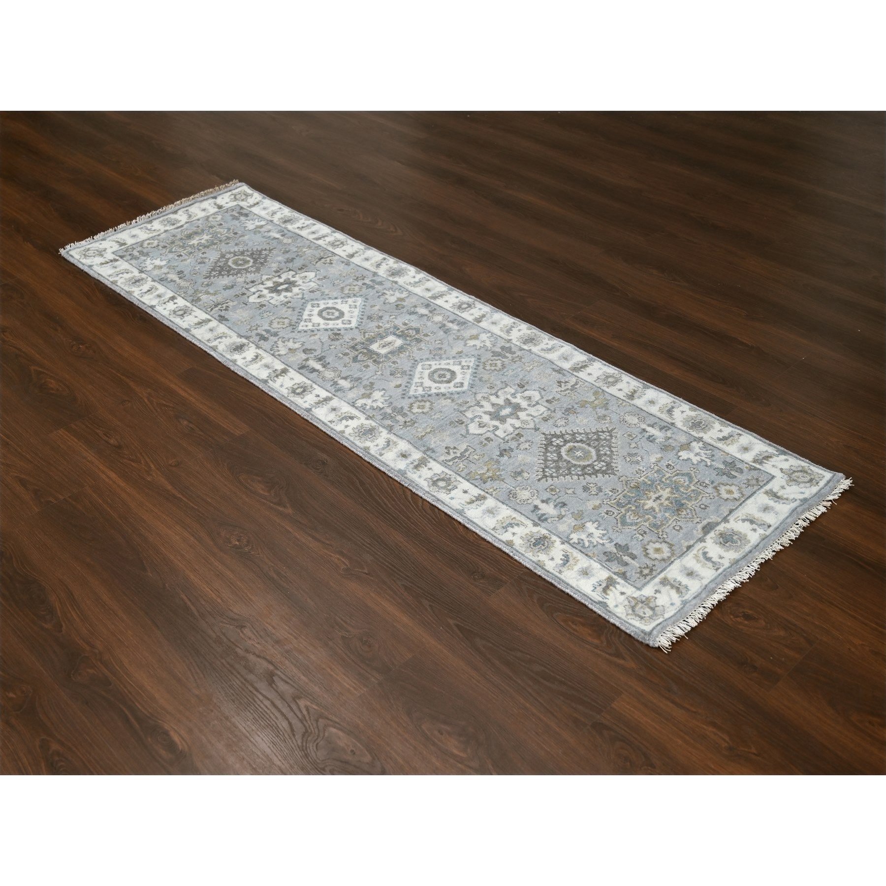 2'8"x8' Cloud Gray, Karajeh Design with Geometric Medallions, Vegetable Dyes, Pure Wool, Hand Knotted, Runner, Oriental Rug Sh10186