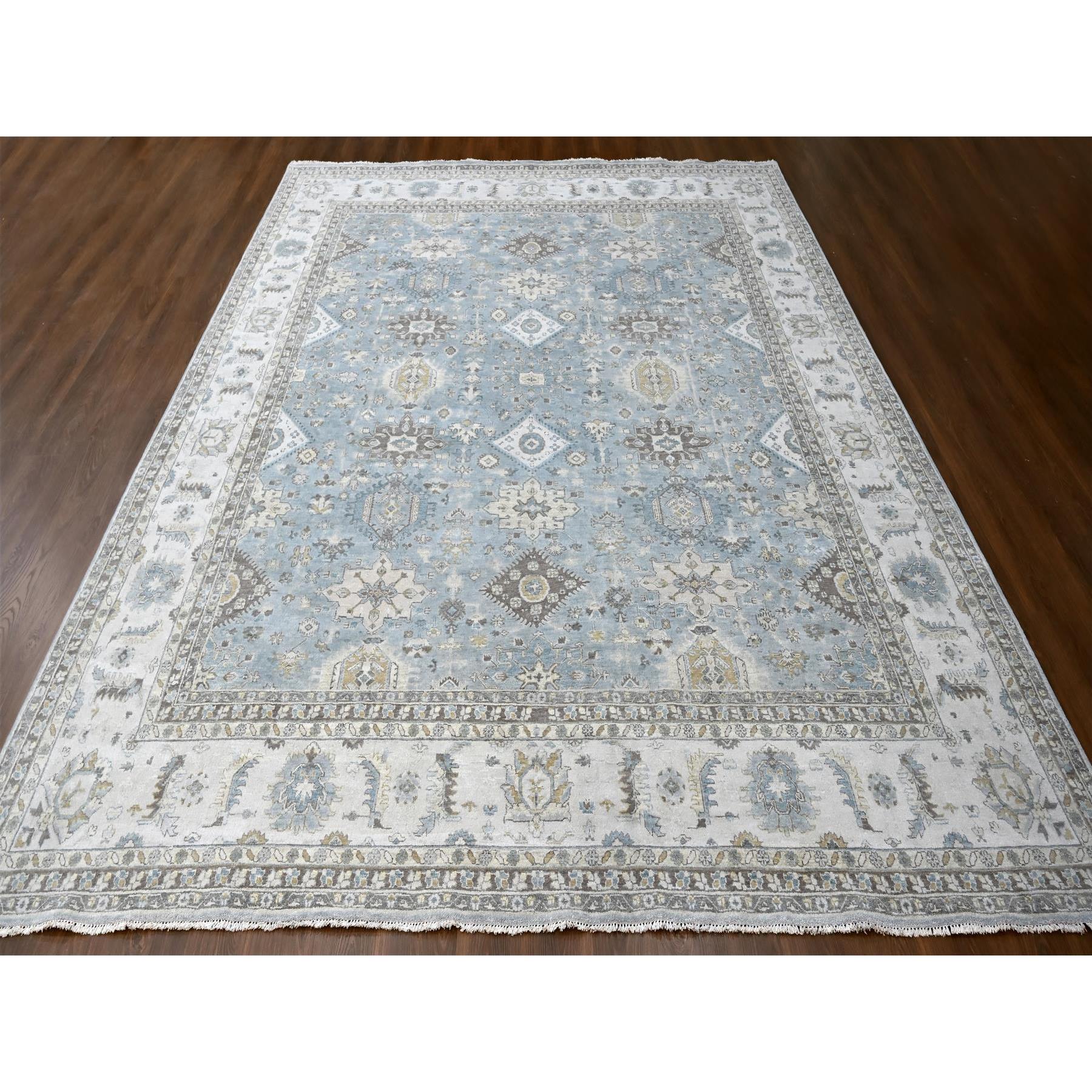 12'x13'8" Slate Gray, Hand Knotted, Karajeh Design with Tribal Medallions, Densely Woven, Vegetable Dyes, Pure Wool, Squarish, Oriental Rug Sh10187