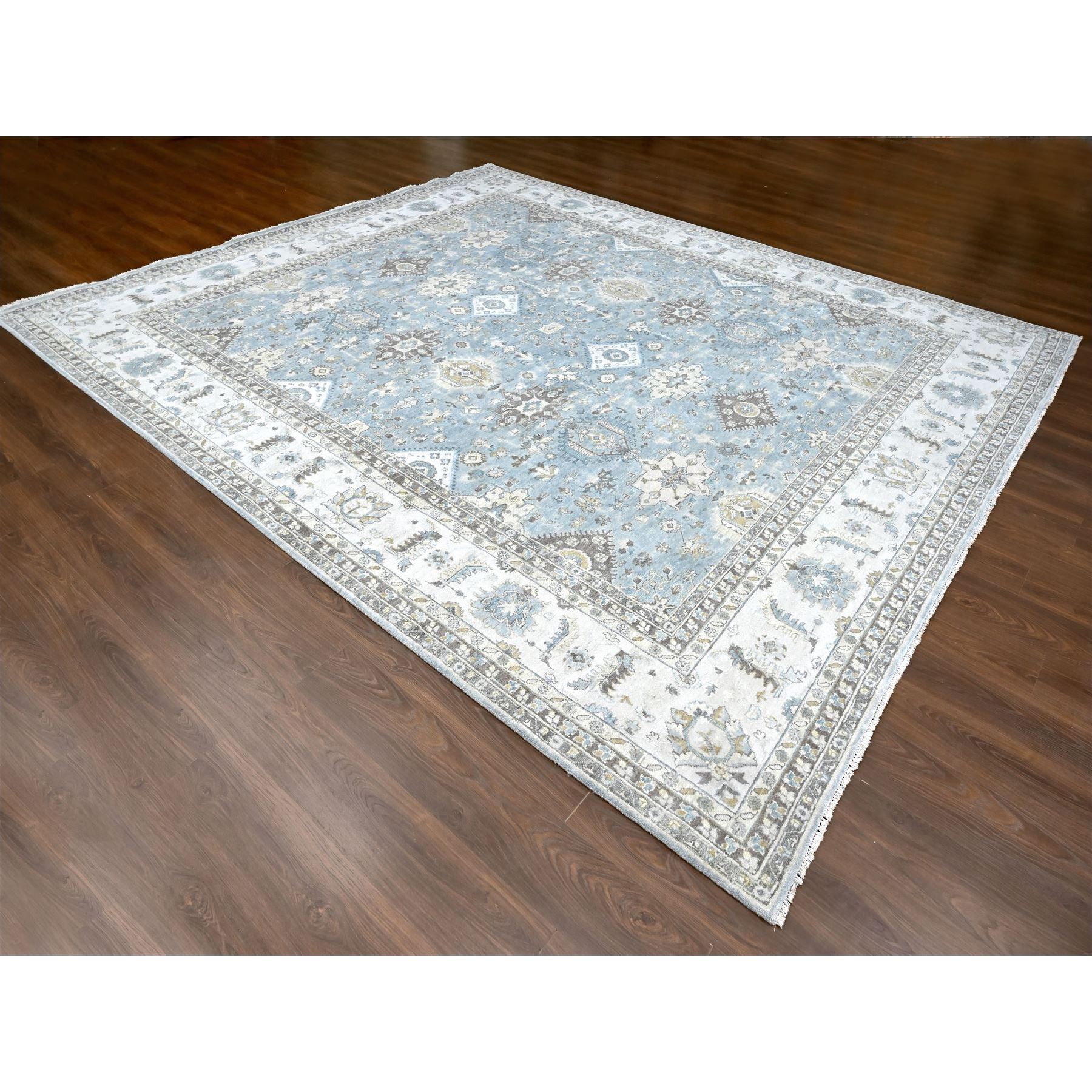 12'x13'8" Slate Gray, Hand Knotted, Karajeh Design with Tribal Medallions, Densely Woven, Vegetable Dyes, Pure Wool, Squarish, Oriental Rug Sh10187