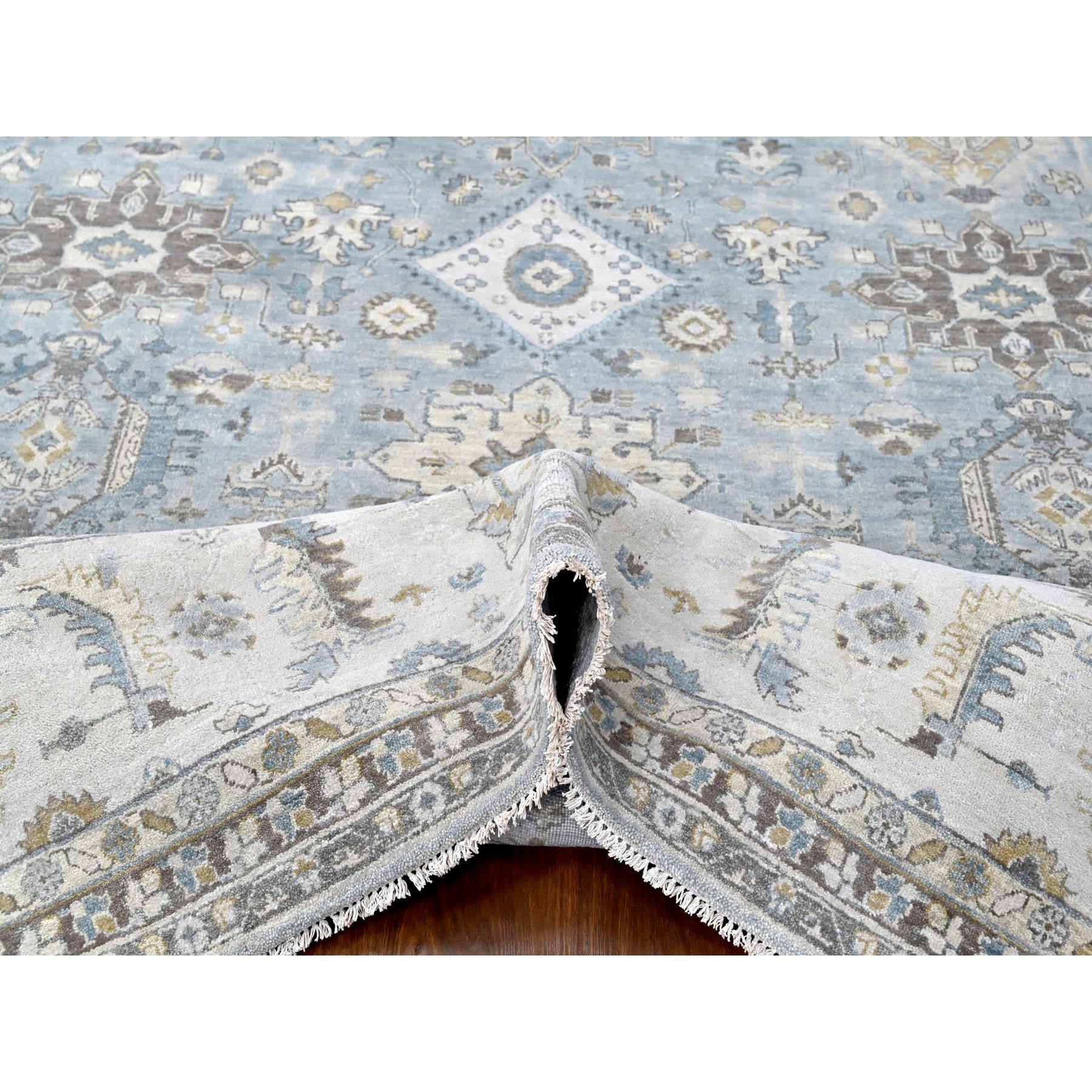 12'x13'8" Slate Gray, Hand Knotted, Karajeh Design with Tribal Medallions, Densely Woven, Vegetable Dyes, Pure Wool, Squarish, Oriental Rug Sh10187