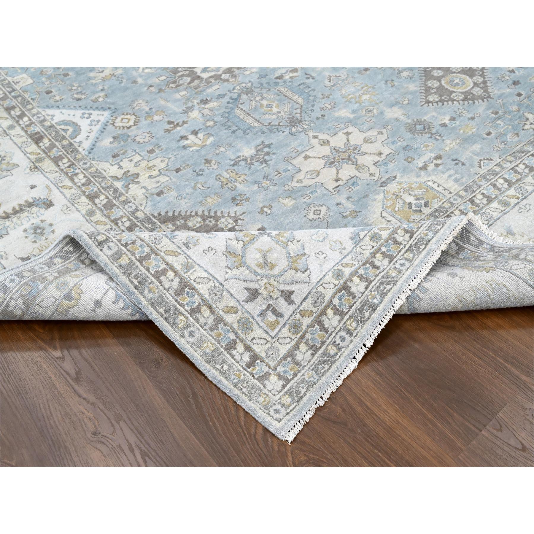 12'x13'8" Slate Gray, Hand Knotted, Karajeh Design with Tribal Medallions, Densely Woven, Vegetable Dyes, Pure Wool, Squarish, Oriental Rug Sh10187
